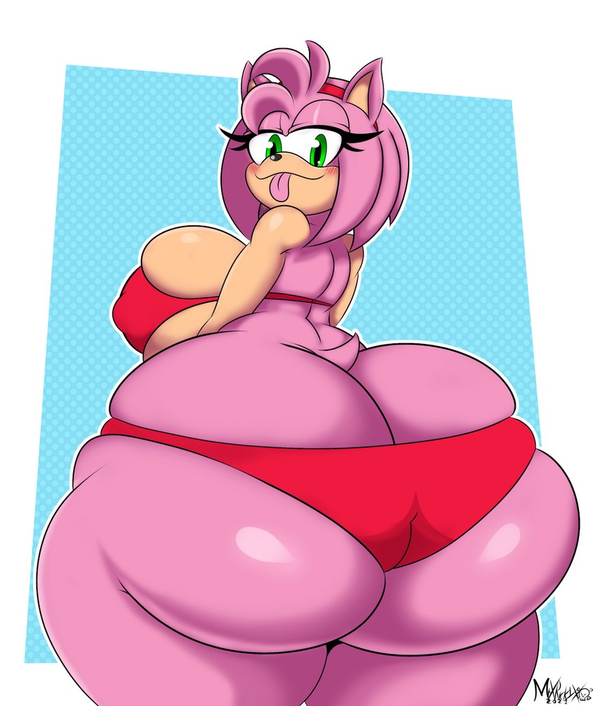 amy rose, anthro, ass, ass cleavage, ass crack, big ass, big breasts, big butt, bikini, bottom heavy, breasts, bubble ass, bubble butt, butt crack, clothing, eulipotyphlan, fat ass, fat butt, female, female only, green eyes, hair, hedgehog, hi res, huge ass, huge breasts, huge butt, hyper, hyper ass, hyper butt, large ass, large breasts, large butt, looking at viewer, looking back, mammal, mrxrickyx, pink body, pink hair, sega, solo, sonic (series), sonic the hedgehog (series), swimwear, tail, thick ass, thick thighs, tongue, tongue out, wide hips