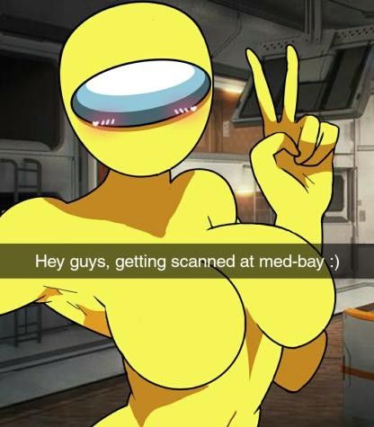 1girls, among us, armpit, armpits, big breasts, blush, blushing, boobs, breasts, cleavage, female, female only, fursona, humanoid, humanoid feet, imminent sex, looking at viewer, midriff, no face, no nipples, peace sign, tagme, text, v, v sign, yellow (among us), yellow body, yellow clothing, yellow skin