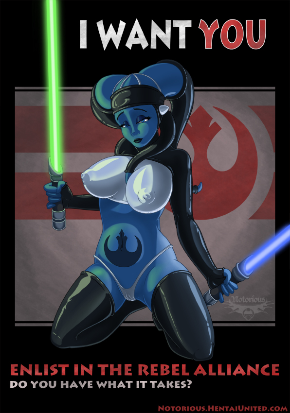 alien alien_girl big_breasts boots breasts curvy elbow_gloves fingerless_gloves gloves high_heel_boots high_heels leather_boots lightsaber long_boots notorious84 pinup propaganda star_wars text twi'lek