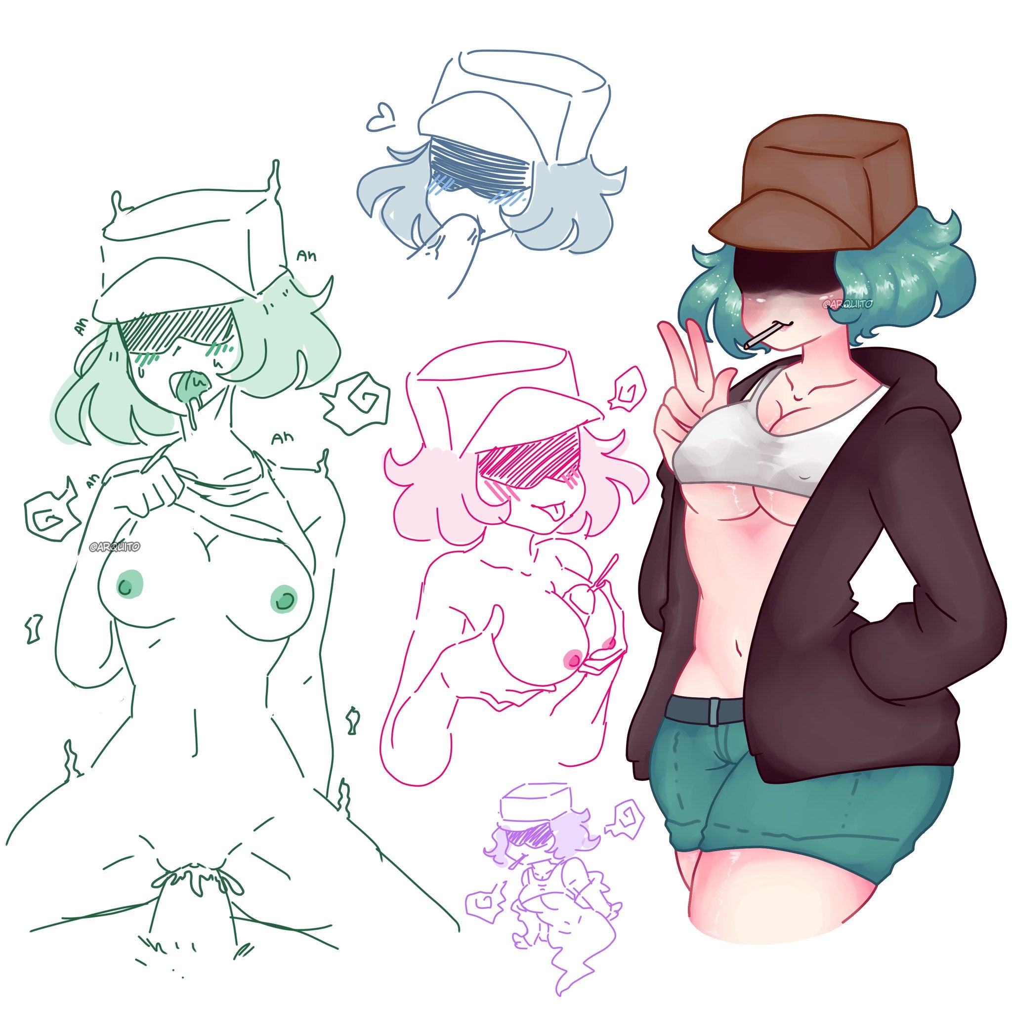 arquitovon (artist), blowjob, breasts, cigarette, cum, cum in pussy, cum inside, dick, female, friday night funkin, garcello (atsuover), ghost, green hair, jacket, male, nipples, paizuri, penis, pussy, rule 63, smoking, top lift, underboob