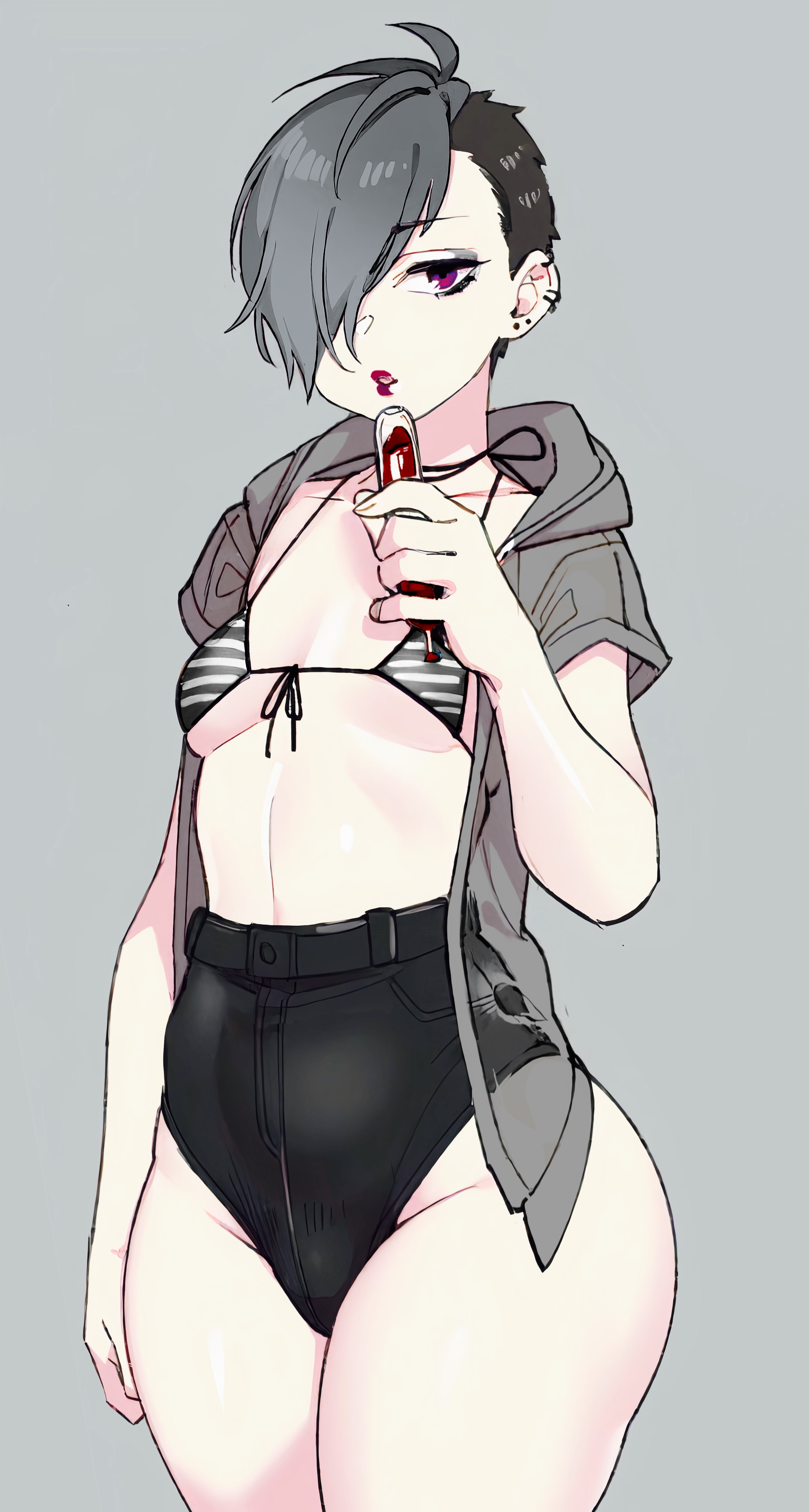 1girls, amemiya tamayo, artist name, bikini top, bottom heavy, breasts, cleavage, ear piercing, edit, emo, female, female only, goth, hair over one eye, looking at viewer, narrow shoulders, pale skin, pear shaped, ryo agawa, small breasts, thick thighs, wide hips