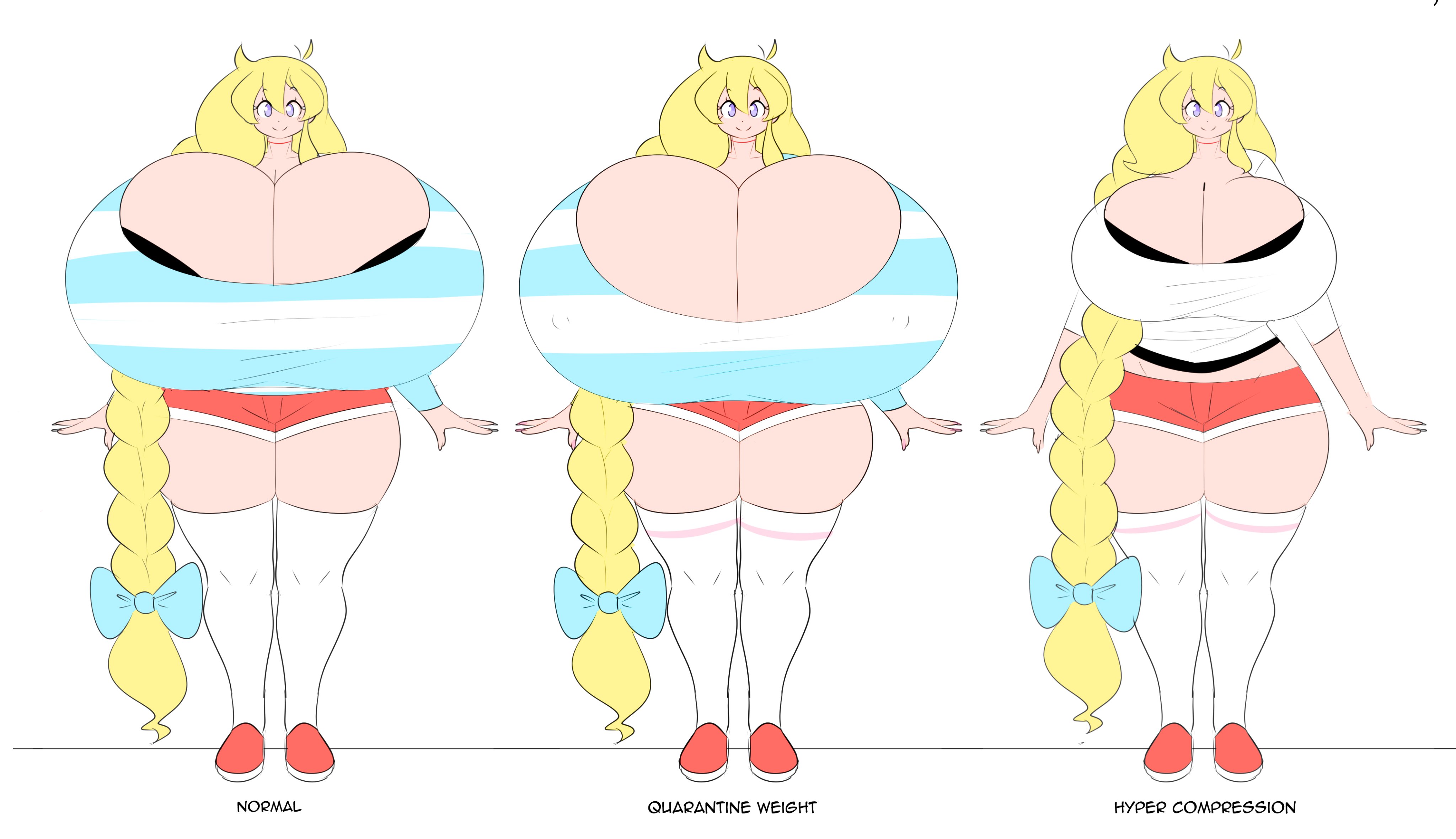 1girls, ass, ass expansion, big ass, big breasts, blonde hair, blue eyes, booty shorts, bra cups sticking out, braided hair, breast expansion, breast focus, breast growth, breast growth (enlargement), breasts, cassie (theycallhimcake), cleavage, expansion, fat ass, female, female only, giant breasts, growth, hairbow, huge ass, huge breasts, hyper, hyper breasts, massive breasts, nipple bulge, nipples, pinup, reference sheet, shorts, smile, striped shirt, theycallhimcake, thick ass, thick thighs, thighhighs, top heavy, weight gain, wide hips