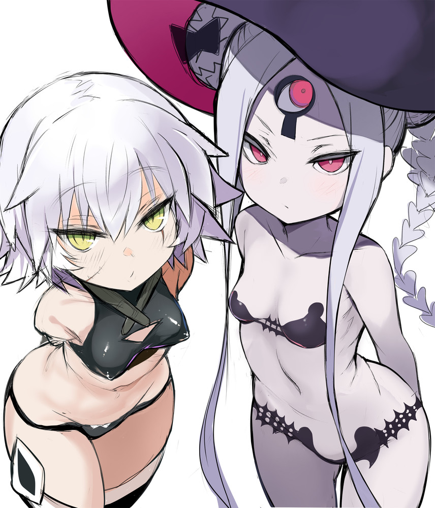 2girls abigail_williams_(fate/grand_order) abigail_williams_(swimsuit_foreigner)_(fate) arms_behind_back ass bikini breasts crop_top facial_scar fate/grand_order fate_(series) green_eyes hat huge_ass jack_the_ripper_(fate/apocrypha) looking_at_viewer lowleg lowleg_panties micro_bikini micro_thong midriff multiple_girls navel nipple_bulge nipples pale_skin panties red_eyes scar shimeji_nameko short_hair shortstack small_breasts swimsuit tattoo thick_thighs thighs thong very_long_hair white_hair