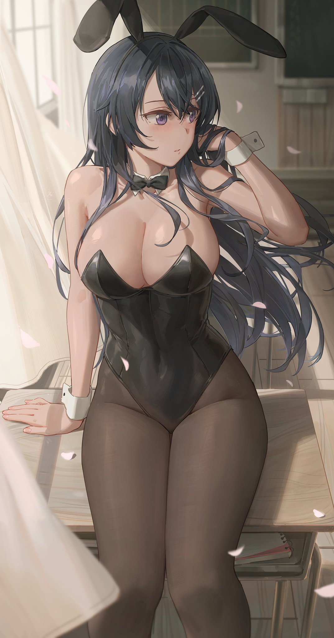 1girls areolae bare_shoulders big_breasts black_hair blush bowtie breasts bunny_ears bunny_girl bunnysuit desk ears embarrassed female female_only frills hair_between_eyes hairclip highres large_breasts legwear long_hair looking_away nipples nose pantyhose petals purple_eyes sakurajima_mai school_desk seishun_buta_yarou_wa_bunny_girl_senpai_no_yume_wo_minai sitting solo_female tagme yohan1754