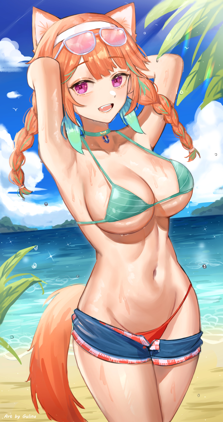 1girls absurdres animal_ears arms_behind_head artist_name bangs beach bikini blue_shorts blue_sky blunt_bangs braid breasts choker cloud day eyebrows_visible_through_hair female green_bikini green_choker green_hair gurina hairband highres hololive hololive_english hololive_myth human large_breasts looking_at_viewer multicolored_hair ocean open_mouth orange_hair outdoors purple_eyes short_shorts shorts sky smile solo standing swimsuit tail takanashi_kiara thighs twin_braids two-tone_hair virtual_youtuber water wet white_hairband