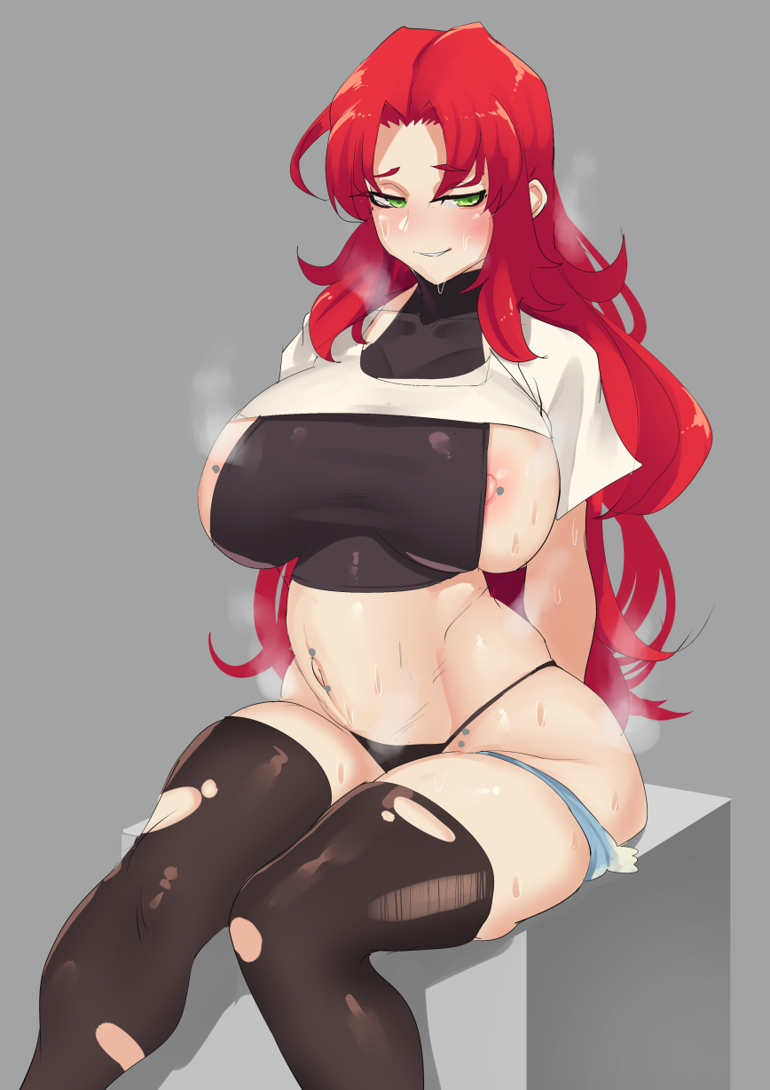 1girls, alternate hairstyle, dildo, dildo sitting, exposed nipples, female, female only, green eyes, grey background, hair down, human, human only, jessie (pokemon), nipple piercing, nipples, panties, piercing, pokemon, red hair, sitting, sitting on dildo, skindentation, solo, steaming body, stomach bulge, stormcow, sweat, thong, torn clothes