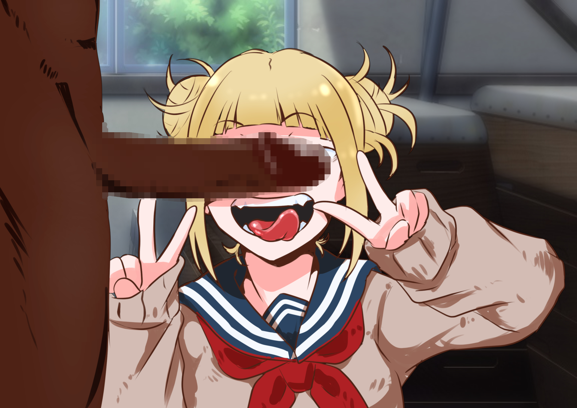 1boy, 1girls, blonde hair, blonde-haired female, cant see the haters, censored, dark skin, dark-skinned male, double v, erection, fangs, female, highres, himiko toga, interracial, long hair, male, mosaic censoring, my hero academia, nude, open mouth, penis, penis over eyes, school uniform, serafuku, shounen jump, tongue, tongue out, v, 見えちゃう