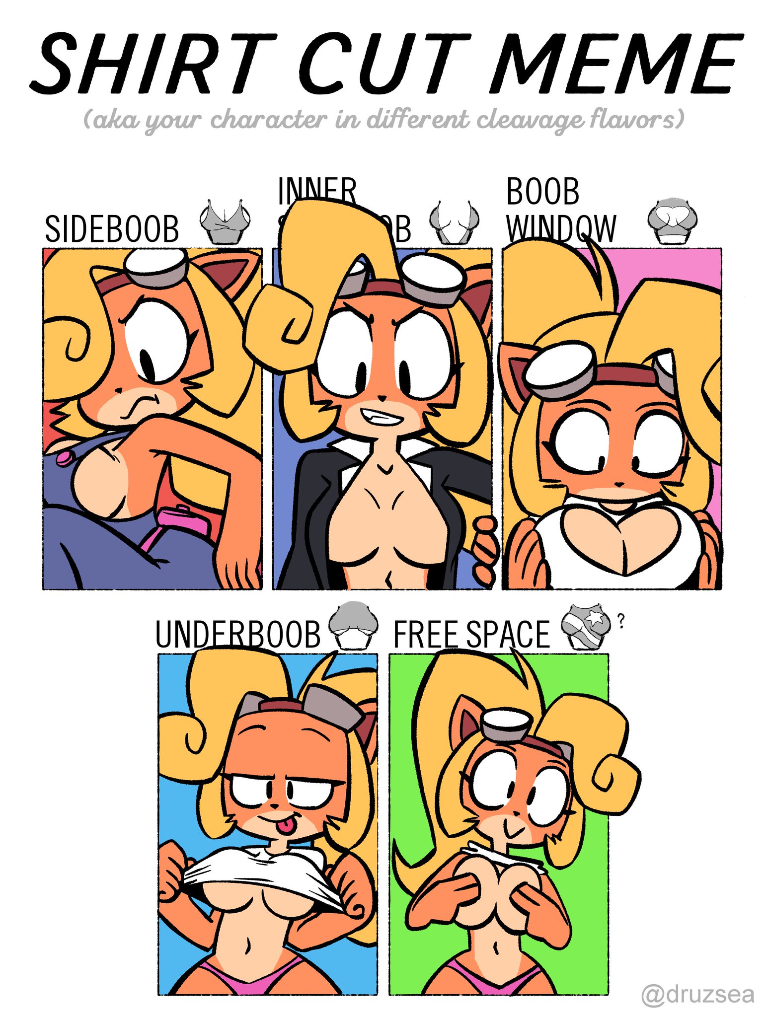 activision, anthro, belt, boob window, breasts, cleavage, coco bandicoot, crash (series), eyewear, female, fur, furry, meme, panties, shirt cut meme, sideboob, solo, solo female, underboob, yopy