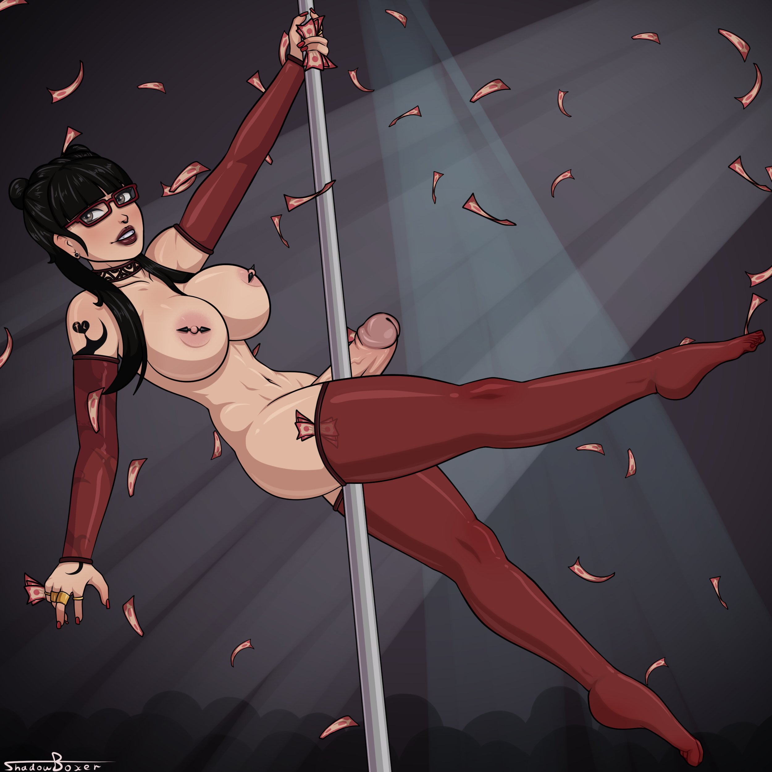 1futa, areolae, avatar the last airbender, big breasts, big penis, breasts, erection, futa only, futanari, glasses, intersex, large breasts, looking at viewer, mai (avatar), nipple piercing, nipples, penis, piercing, shadowboxer, solo, stockings, stripper, stripper pole, thighhighs