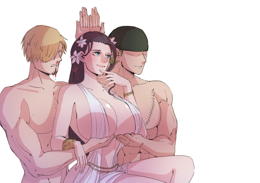 1girls, 2boys, abs, aphrodite (shuumatsu no valkyrie) (cosplay), big breasts, black hair, black-haired female, blonde hair, blonde-haired male, blood, blue eyes, breast hold, breast support, breasts, cleavage, cosplay, crossover, female, female focus, finger to face, green hair, green-haired male, hands under breasts, holding breast, holding up breasts, huge breasts, large breasts, long hair, male, meme, multiple boys, muscles, muscular, muscular male, nico robin, nosebleed, nzkn, one piece, parody, pose, roronoa zoro, scar, servants holding aphrodite's breasts (meme), shuumatsu no valkyrie, smile, topless male, vinsmoke sanji, voluptuous