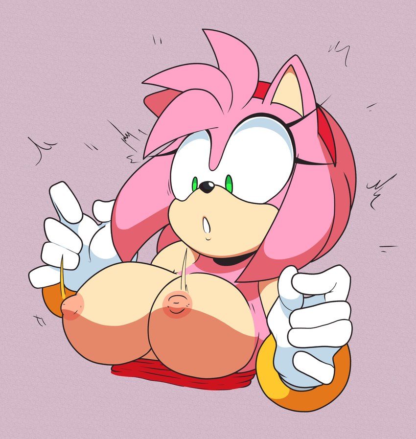 absurd_res amy_rose anthro big_breasts black_nose breasts bust_portrait clothing eulipotyphlan exposed_breasts female frosty_roy fullmetalsketch fur gloves green_eyes hair handwear hedgehog hi_res mammal nipples pink_body portrait simple_background solo sonic_(series) video_games wardrobe_malfunction