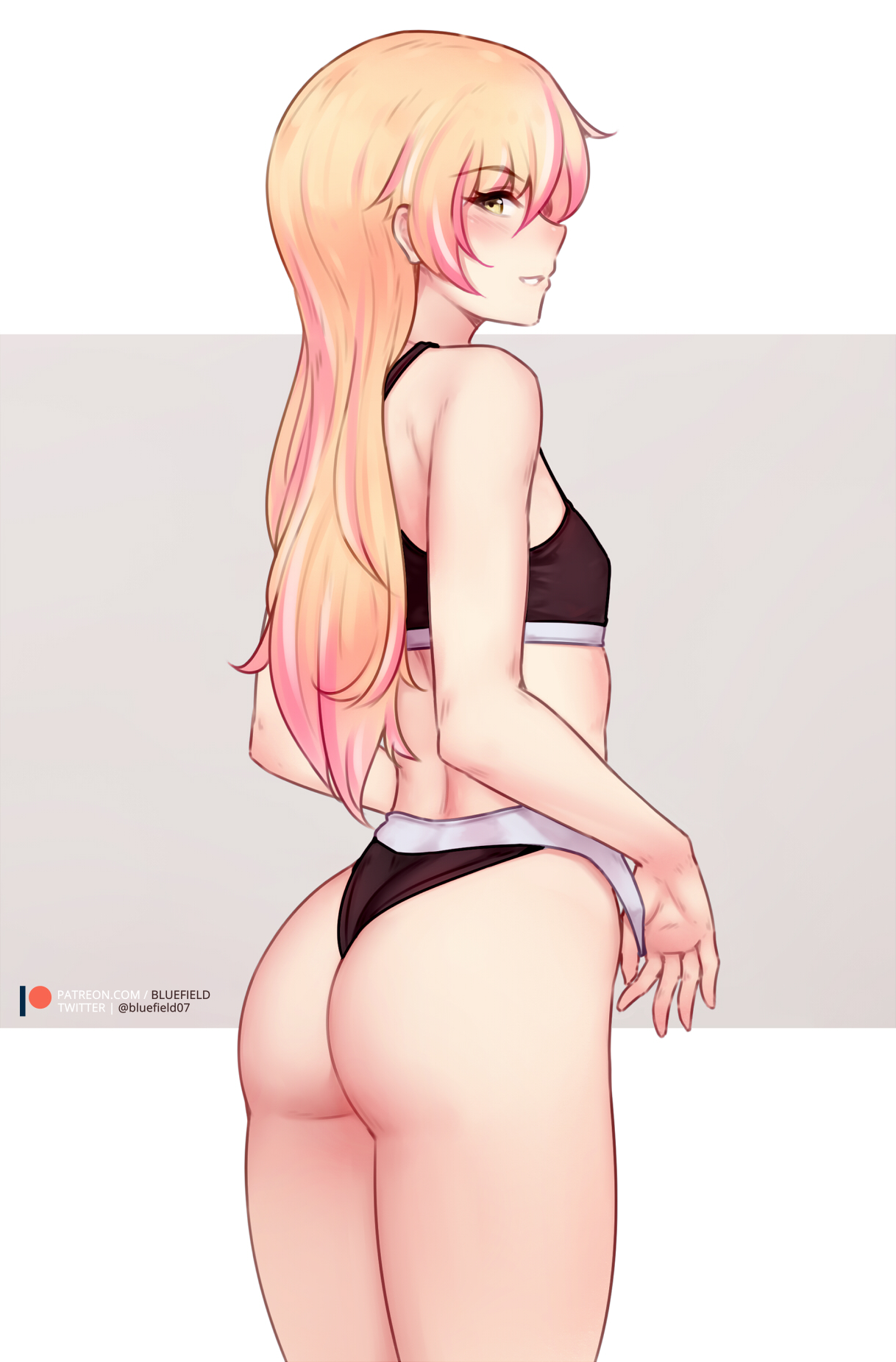 1boy, ass, big ass, bluefield, bra, breasts, cleavage, femboy, looking at viewer, looking back, male, male only, panties, thick thighs, trap