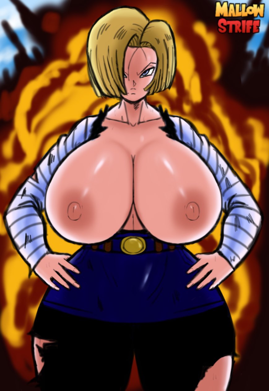 1girls android_18 big_breasts breasts clothed clothing dragon_ball dragon_ball_z explosion front_view hand_on_hio hand_on_own_hip huge_breasts looking_at_viewer mallow_strife mature_female ripped_clothing seductive skirt solo