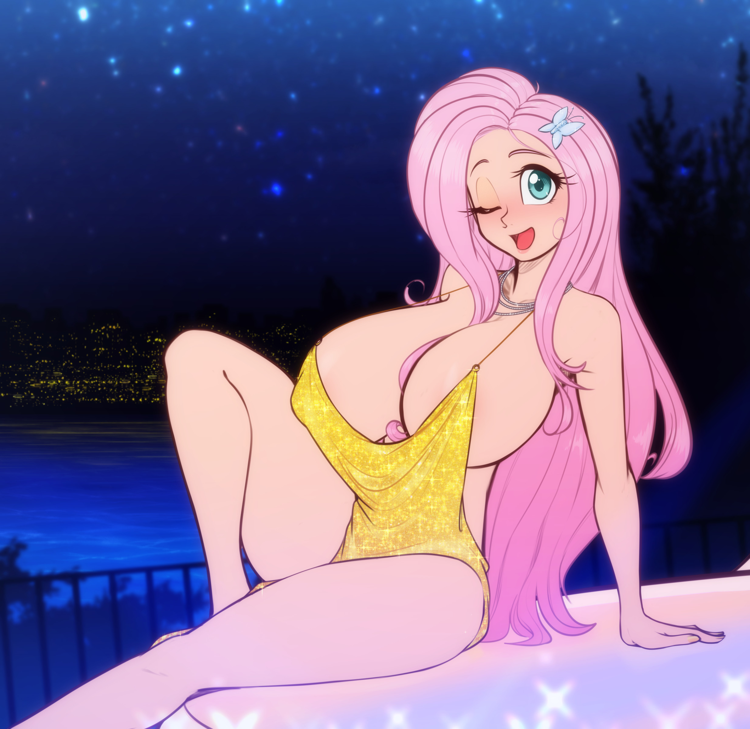 1girls, aqua eyes, areolae, blue eyes, breasts, butterfly hair ornament, cleavage, curvy, equestria girls, female, female only, fluttershy (mlp), friendship is magic, hasbro, huge breasts, humanized, long hair, looking at viewer, massive breasts, my little pony, narrow waist, pink hair, revealing clothes, scorpdk, skimpy, skimpy dress, thick thighs, thighs, very long hair, voluptuous, wink