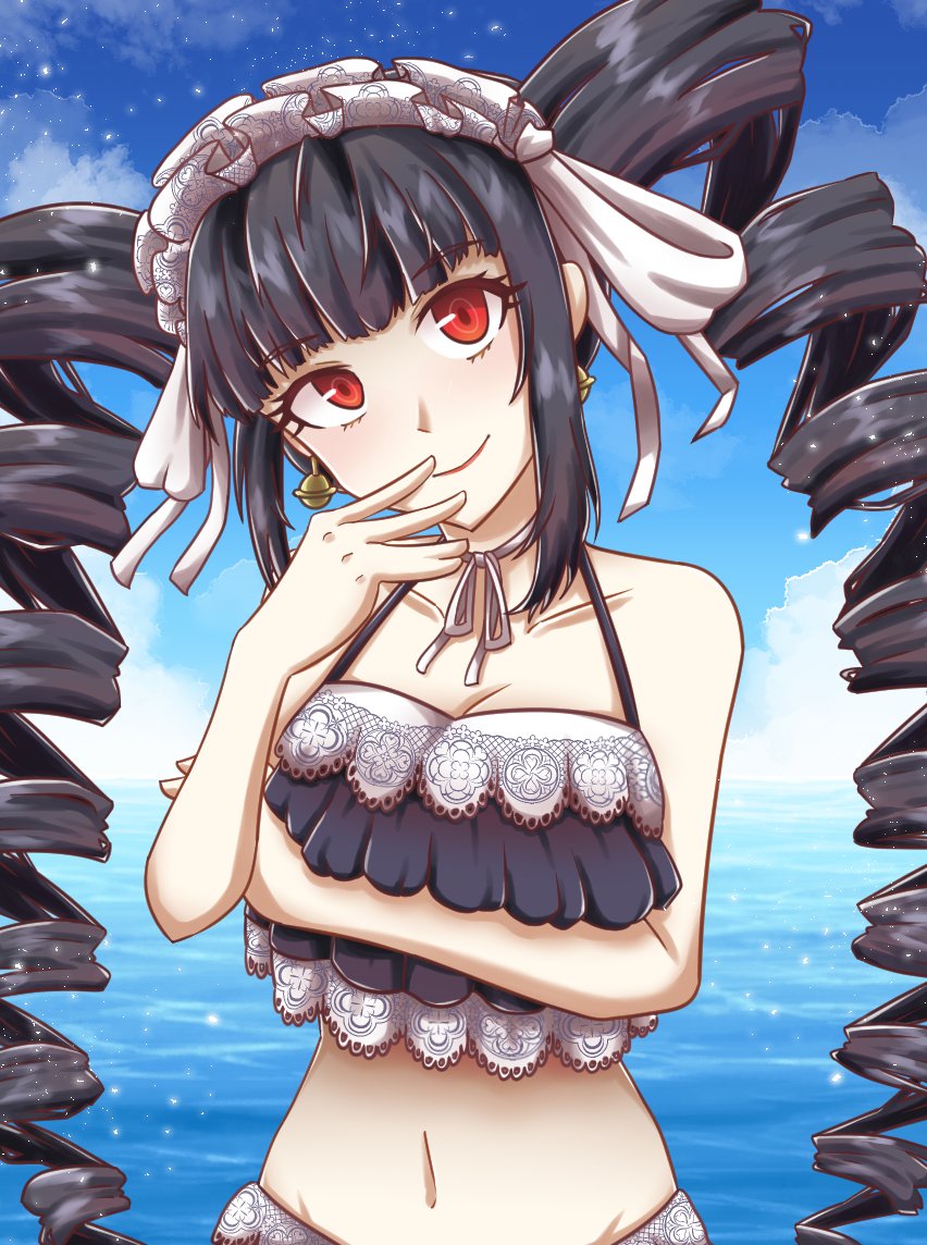 1girls, bare arms, bare midriff, bare shoulders, bikini, black bikini, black hair, black swimsuit, celestia ludenberg, danganronpa, danganronpa 1, danganronpa s: ultimate summer camp, drill hair, female, female only, hand to own mouth, head tilt, human, human only, light skin, light-skinned female, long hair, looking at viewer, navel, ocean, pale skin, pale-skinned female, red eyes, sea, sidelocks, smile, smiling, solo, solo female, straight hair, swimsuit