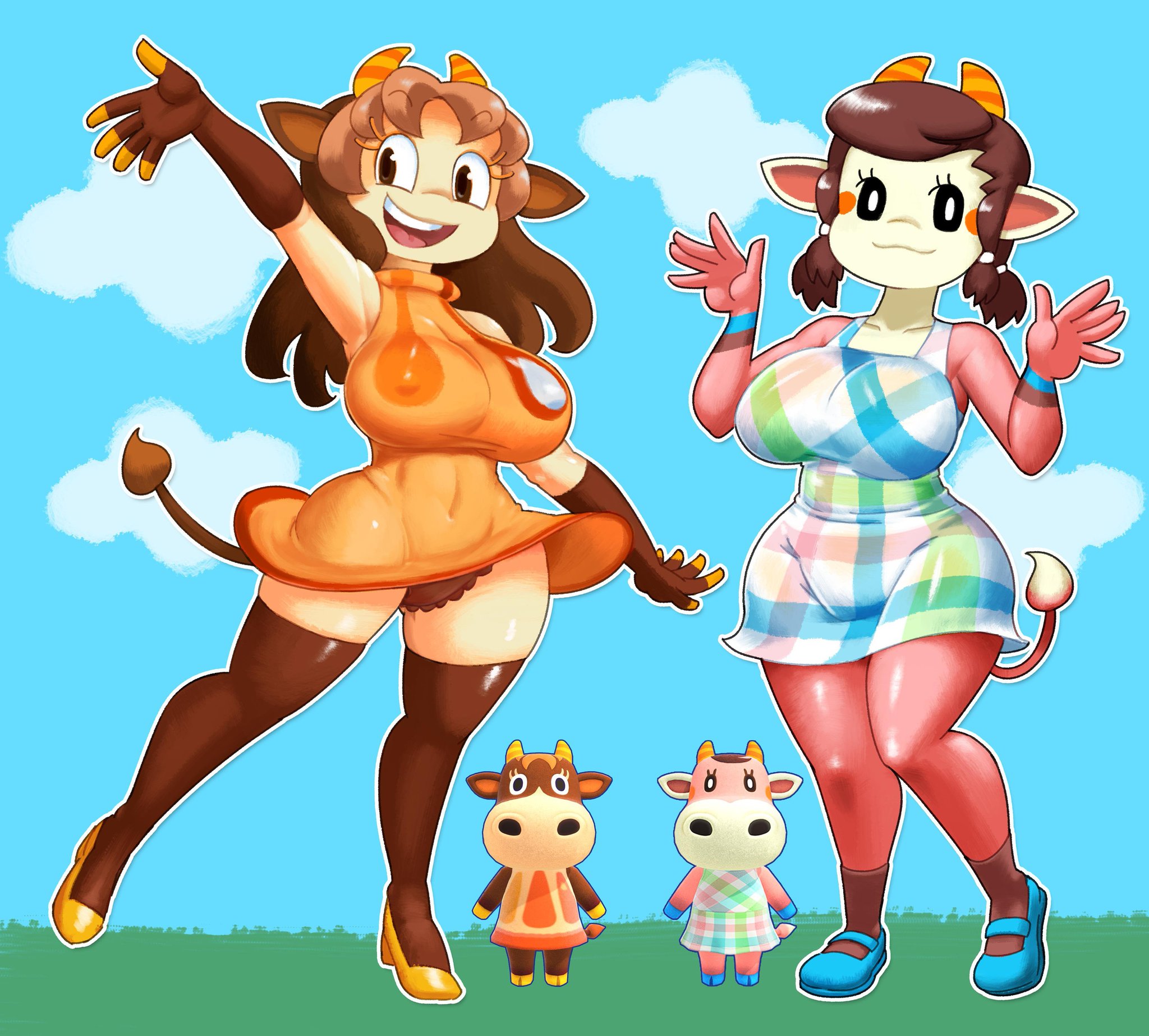 :3, animal crossing, big breasts, bovine, breasts, cow humanoid, female, fur, minus8, nintendo, nipple bulge, norma (animal crossing), panties, pantyshot, patty (animal crossing), thick thighs, thighhighs, video games, wide hips