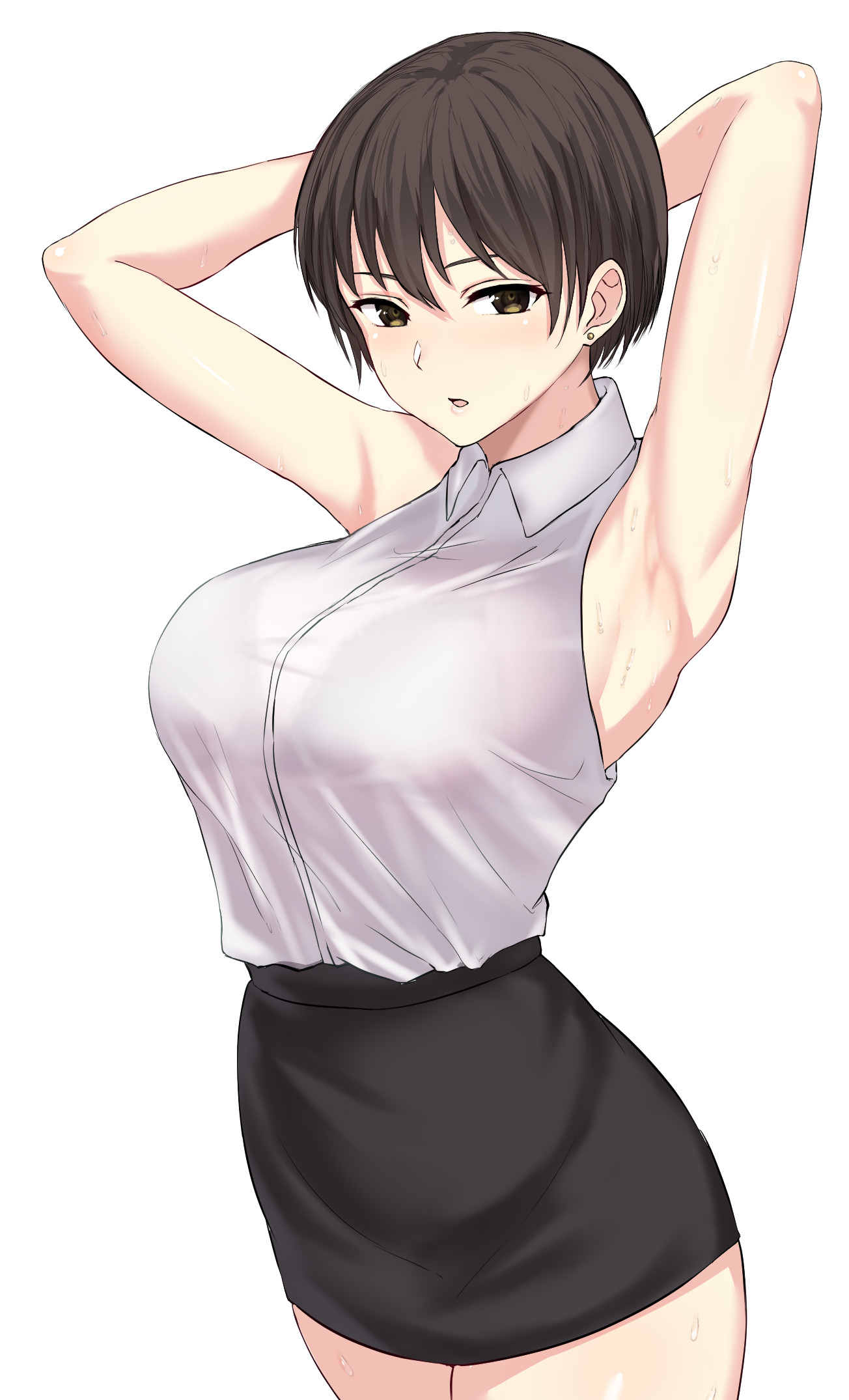 1girls, anju (anjuionushi), armpits, blush, breasts, brown hair, female, large breasts, light skin, light-skinned female, looking at viewer, original, pale skin, pale-skinned female, simple background, solo focus, sweat
