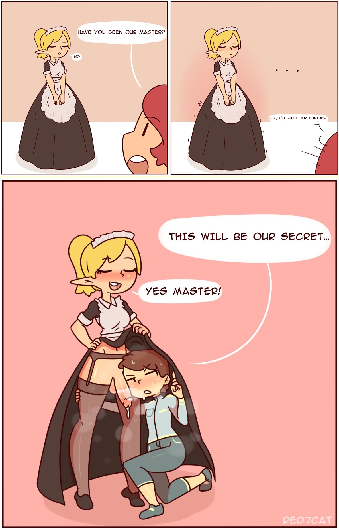1boy, 1futa, balls, blonde hair, blowjob, blush, brown hair, clothed, clothing, comic, cum, cum drip, dialogue, digital media (artwork), dress, duo, elf, english text, fellatio, female, flaccid, fully clothed, futa on male, futanari, human, humanoid, implied fellatio, implied oral, intersex, light skin, light-skinned female, light-skinned futa, maid, maid uniform, male, male sucking futa, master and servant, multiple images, navel, no panties, on knees, oral, oral sex, pale skin, panels, penis, pointy ears, red7cat, simple background, speech bubble, standing, stealth sex, steam, tagme (character), testicles, text, thick thighs, thighhighs, under dress, whimp