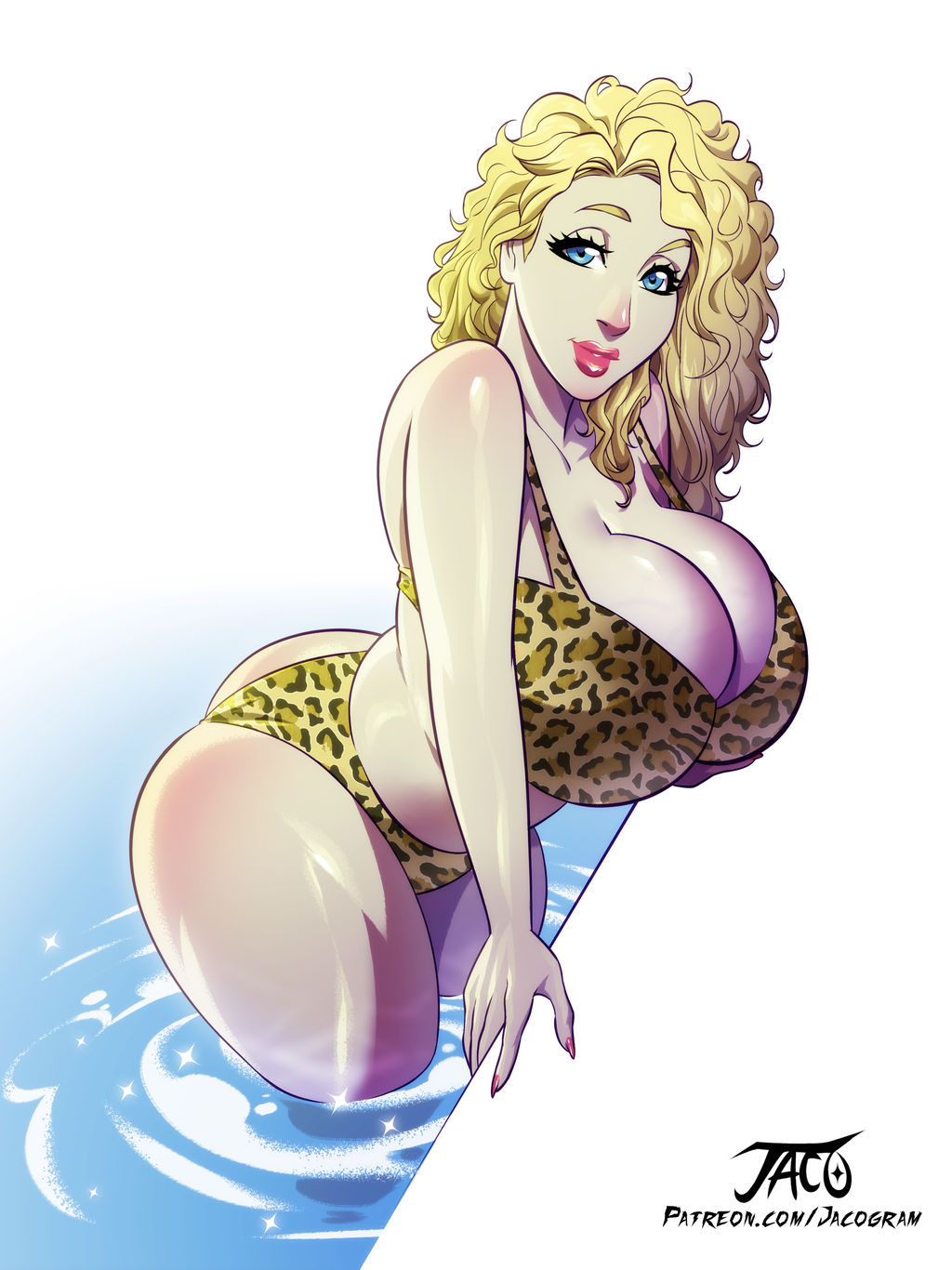 ass, bikini, blonde hair, blue eyes, breasts, bubble ass, bubble butt, cleavage, female, female only, huge breasts, iacolare, jacogram, leopard print, leopard print bikini, long hair, looking at viewer, original, original character, pool, voluptuous