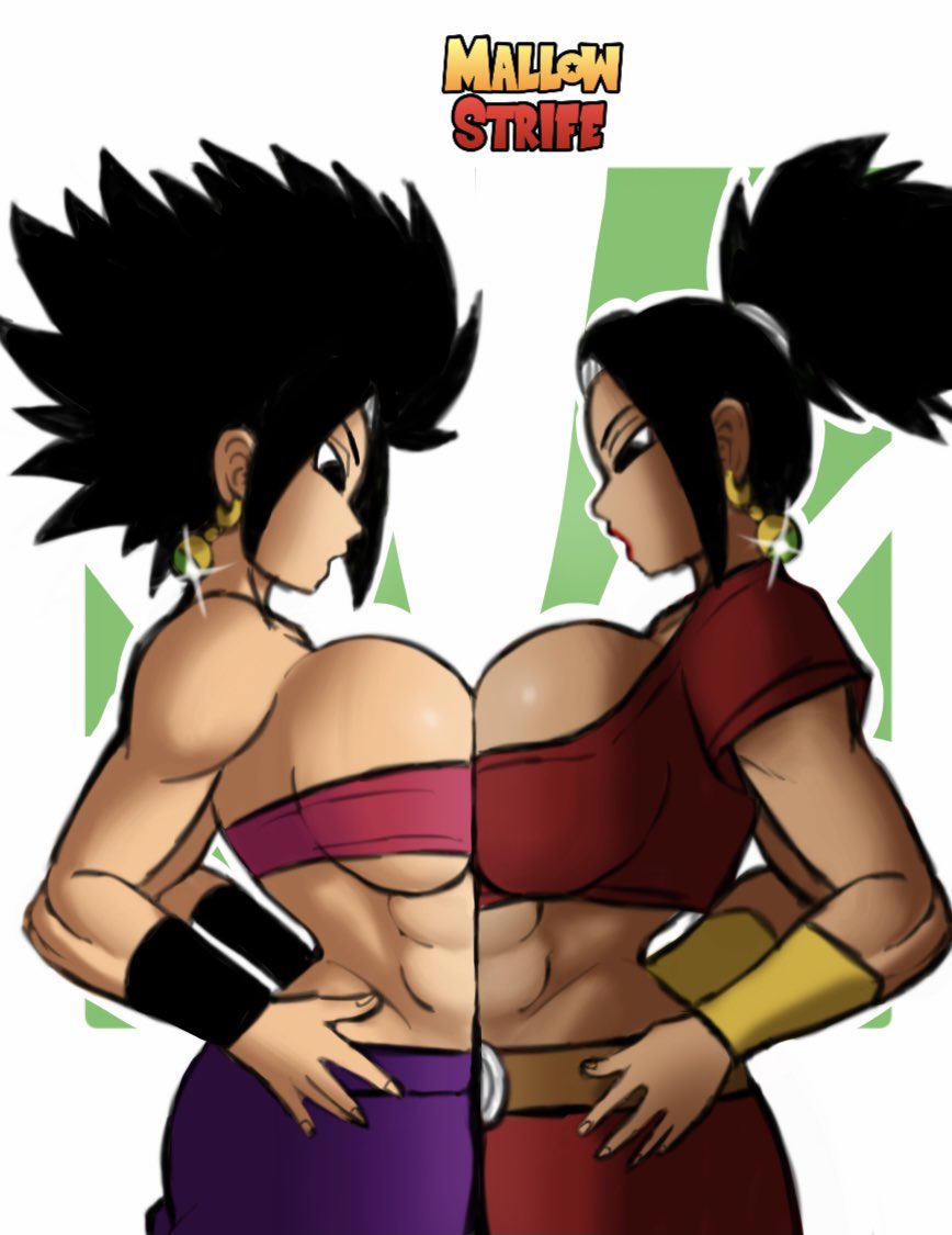 2girls abs big_breasts breast_press breast_to_breast breasts caulifla dragon_ball dragon_ball_super earrings fusion hand_on_hip hand_on_own_hip huge_breasts kale mallow_strife muscular muscular_female potara_earrings side_view sideboob surprised