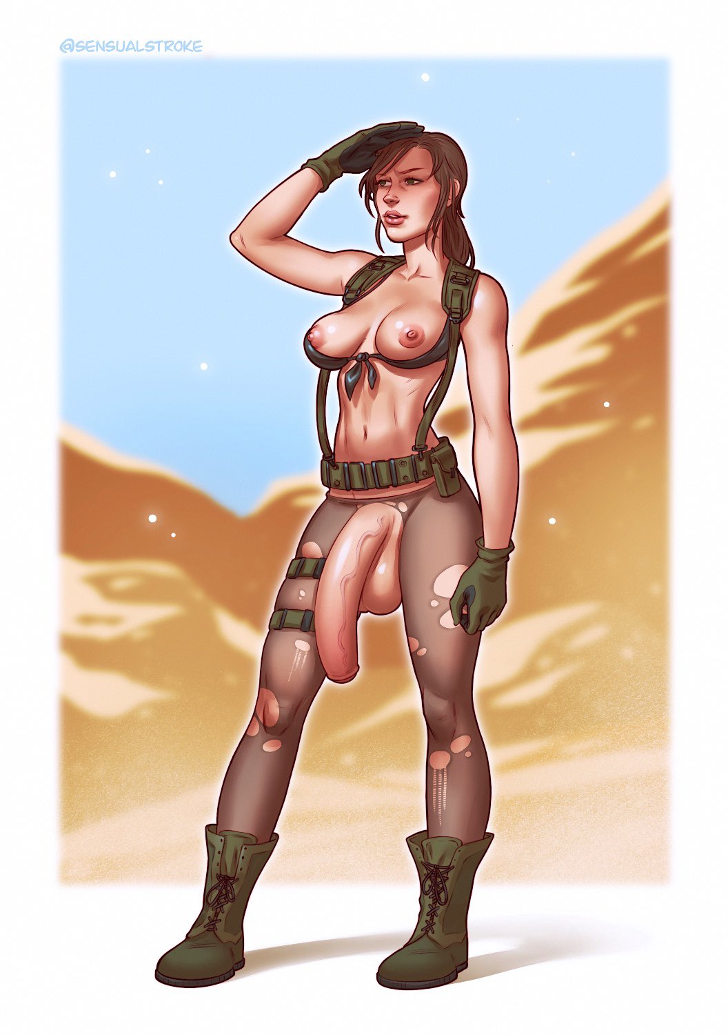 1futa, areolae, balls, big balls, big breasts, big penis, boots, breasts, breasts out, brown hair, dickgirl, digital media (artwork), exposed, exposed breasts, exposed penis, flaccid, foreskin, functionally nude, futa only, futanari, huge cock, huge penis, human, intersex, large penis, legwear, light skin, light-skinned futa, long hair, looking away, metal gear solid, metal gear solid v, navel, nipples, pale skin, penis, pose, posing, quiet (metal gear), sensualstroke, skimpy, solo, solo focus, solo futa, standing, testicles, thick thighs, thighhighs, torn clothes, torn legwear, uncircumcised, uncut, veiny penis