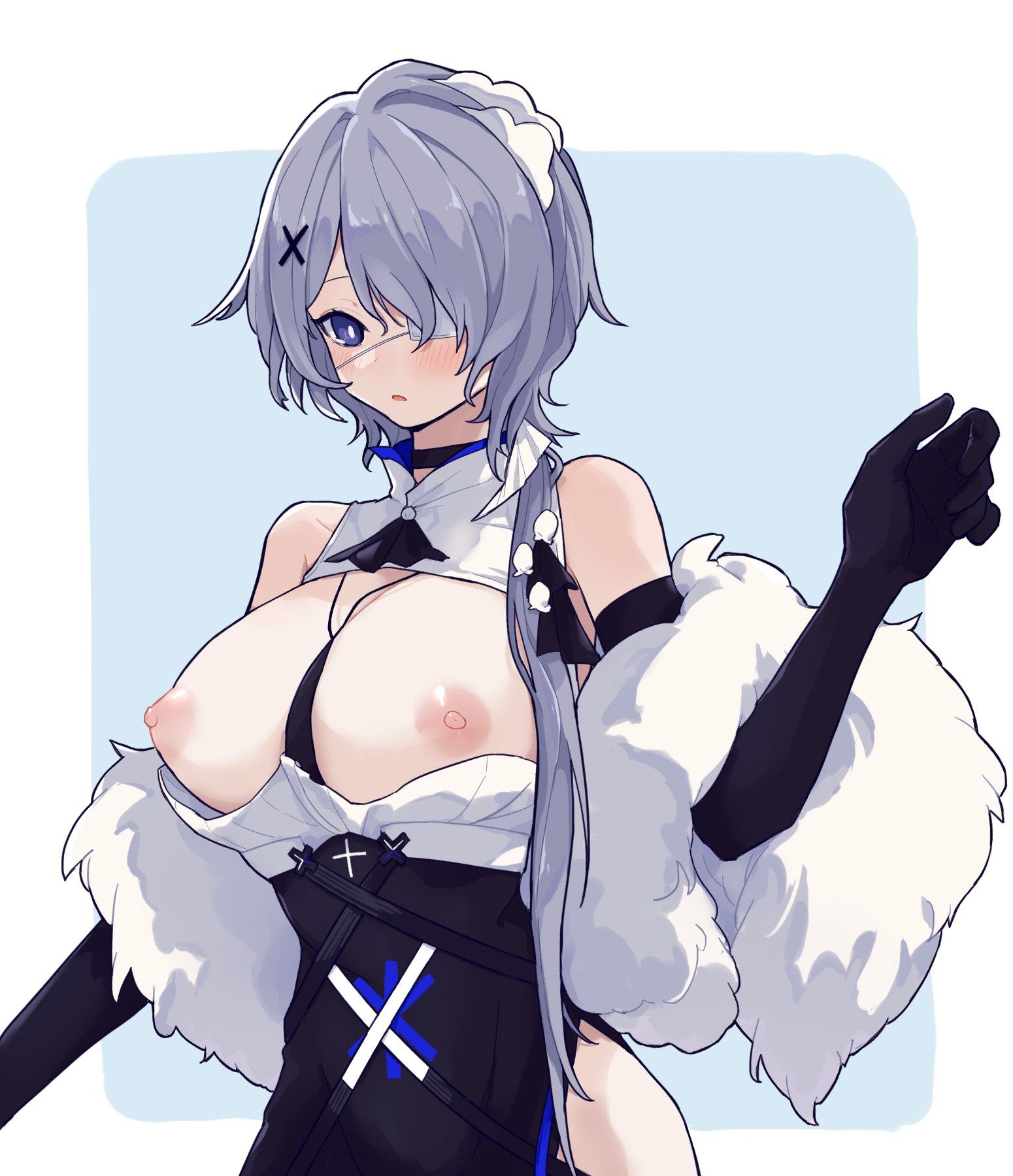 arknights, bare shoulders, black choker, black dress, black gloves, blue eyes, blush, border, breasts, choker, cleavage cutout, clothing cutout, coldcat., commentary request, dress, elbow gloves, eyepatch, feather boa, female, gloves, hair ornament, hand up, highres, large breasts, light blue background, medical eyepatch, nipples, one eye covered, parted lips, puffy nipples, purple hair, short hair, sleeveless, sleeveless dress, solo, two-tone dress, upper body, whisperain (arknights), whisperain (tremble cold) (arknights), white border, white dress, x hair ornament
