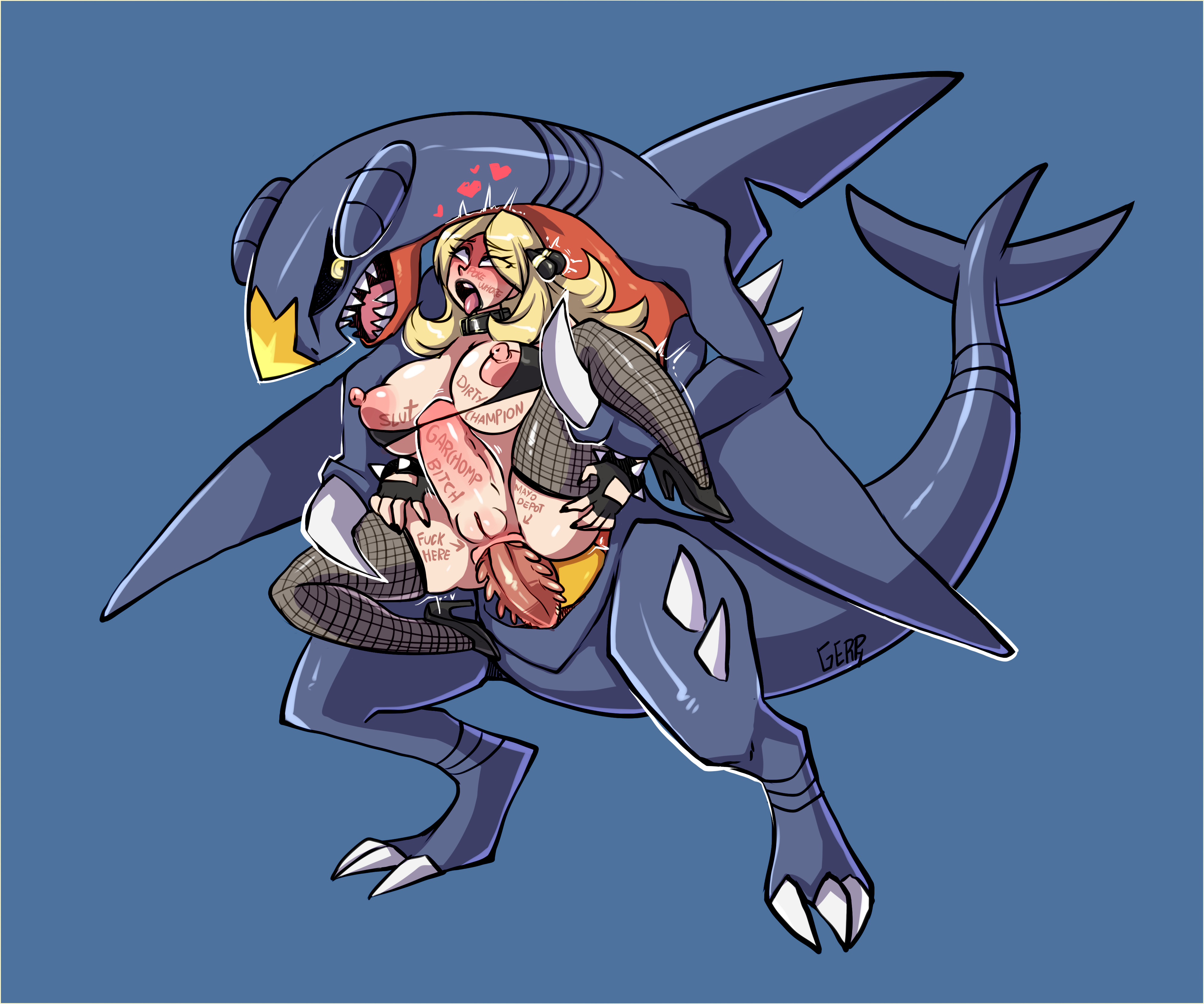 1boy, 1girls, absurd res, ahe gao, alternate breast size, alternate outfit, anal, anal sex, barbed penis, big breasts, black eyebrows, black gloves, black lipstick, black nails, black sclera, blonde hair, blue background, blush, body writing, breasts, claws, cynthia (pokemon), erect nipples, erection, fangs, female, feral, feral on female, feral on human, fins, gaping anus, garchomp, gerph, gloves, heart, high heels, high resolution, human, hyper penis, impossible insertion, interspecies, larger male, lipstick, male, micro bikini, monster cock, nail polish, necklace, nintendo, nipples, penis, pokemon, pokemon (species), pokemon dppt, pokephilia, pussy, size difference, smaller female, stomach bulge, text, thick thighs, thighhighs, tongue, tongue out, very high resolution, wide hips