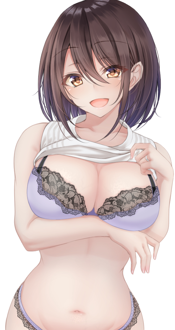 bangs bare_shoulders blush bra breasts brown_eyes brown_hair cleavage collarbone female hair_between_eyes lace lace-trimmed_bra lace-trimmed_panties lace_trim large_breasts looking_at_viewer navel open_mouth original panties purple_bra purple_panties shirt shirt_lift short_hair simple_background sleeveless sleeveless_shirt smile strap_slip underwear white_shirt zeroamu