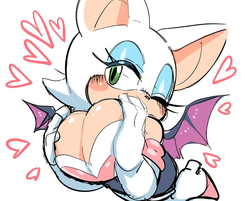 anthro, bat, black nose, blush, boots, breast squeeze, breasts, chiropteran, clothing, eyelashes, eyeshadow, female, fingers, footwear, fur, glistening, glistening body, glistening skin, green eyes, half-closed eyes, heart, hi res, holding breast, makeup, mammal, membrane (anatomy), membranous wings, narrowed eyes, one eye closed, rouge the bat, sega, simple background, sketch, sonic (series), sonic the hedgehog (series), uyu, video games, white background, white body, white fur, wings, wink