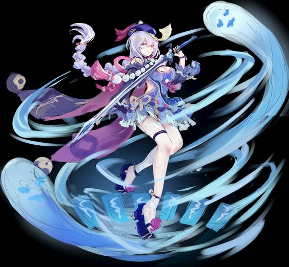 1girls, aged up, alternate breast size, braid, braided hair, breasts, female, female only, genshin impact, hat, holding sword, holding weapon, long hair, qiqi (genshin impact), solo, solo focus, sword, weapon