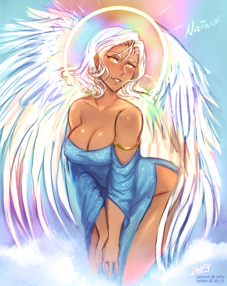 angel angel_wings armlet bare_shoulders blue_dress breasts cleavage clothes cloud dark-skinned_female dark_skin dress gold_eyes halo heaven iahfy jewelry leaning_forward light low_cut_dress low_cut_top lucia_(iahfy) slit_dress smile smiling white_hair wings yellow_eyes