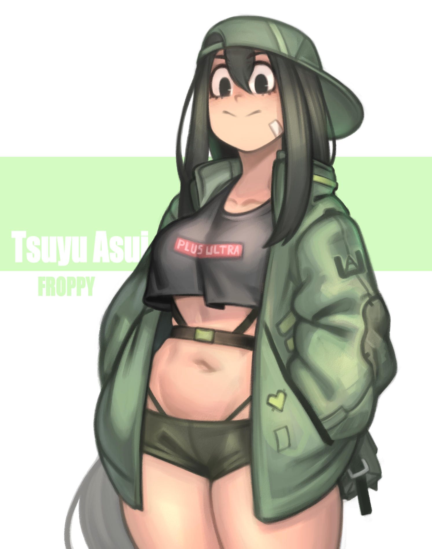 1girls, backwards baseball cap, clothing, female, green hair, green-haired female, hi res, highres, kelvin hiu, midriff, my hero academia, solo, solo female, tomboy, tsuyu asui