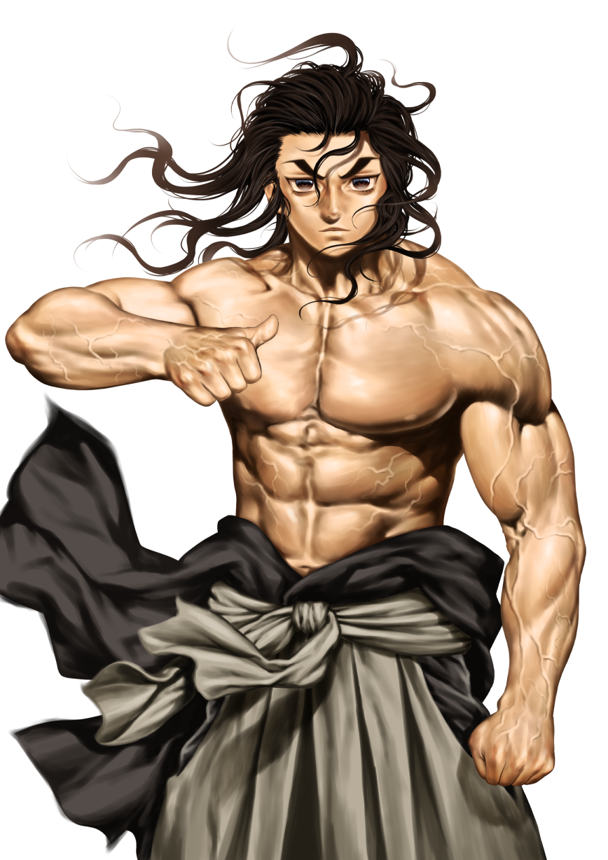 black_hair demon_slayer detailed haganezuka_hotaru hakama kimetsu_no_yaiba long_hair looking_at_viewer male male_only muscular muscular_male realistic shirtless solo topless veins veiny_arms veiny_muscles