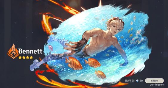 1boy abs bennett_(genshin_impact) blonde_hair event genshin_impact joel_(granblue_fantasy) male_only skin swimsuit