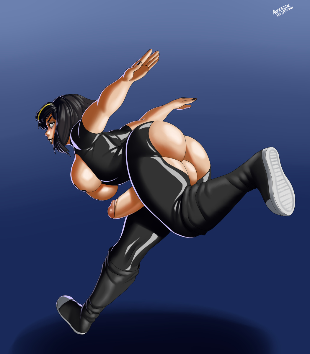 1futa, arms behind back, ass, back, back view, backsack, balls, ballsack, big ass, big balls, big breasts, big penis, black hair, blue background, breasts, clothed, clothing, color, erection, functionally nude, futa only, futanari, headband, intersex, light skin, light-skinned futa, looking back, mostly clothed, naruto running, pale skin, pasties, penis, pose, running, short hair, solo, syntheticpotato