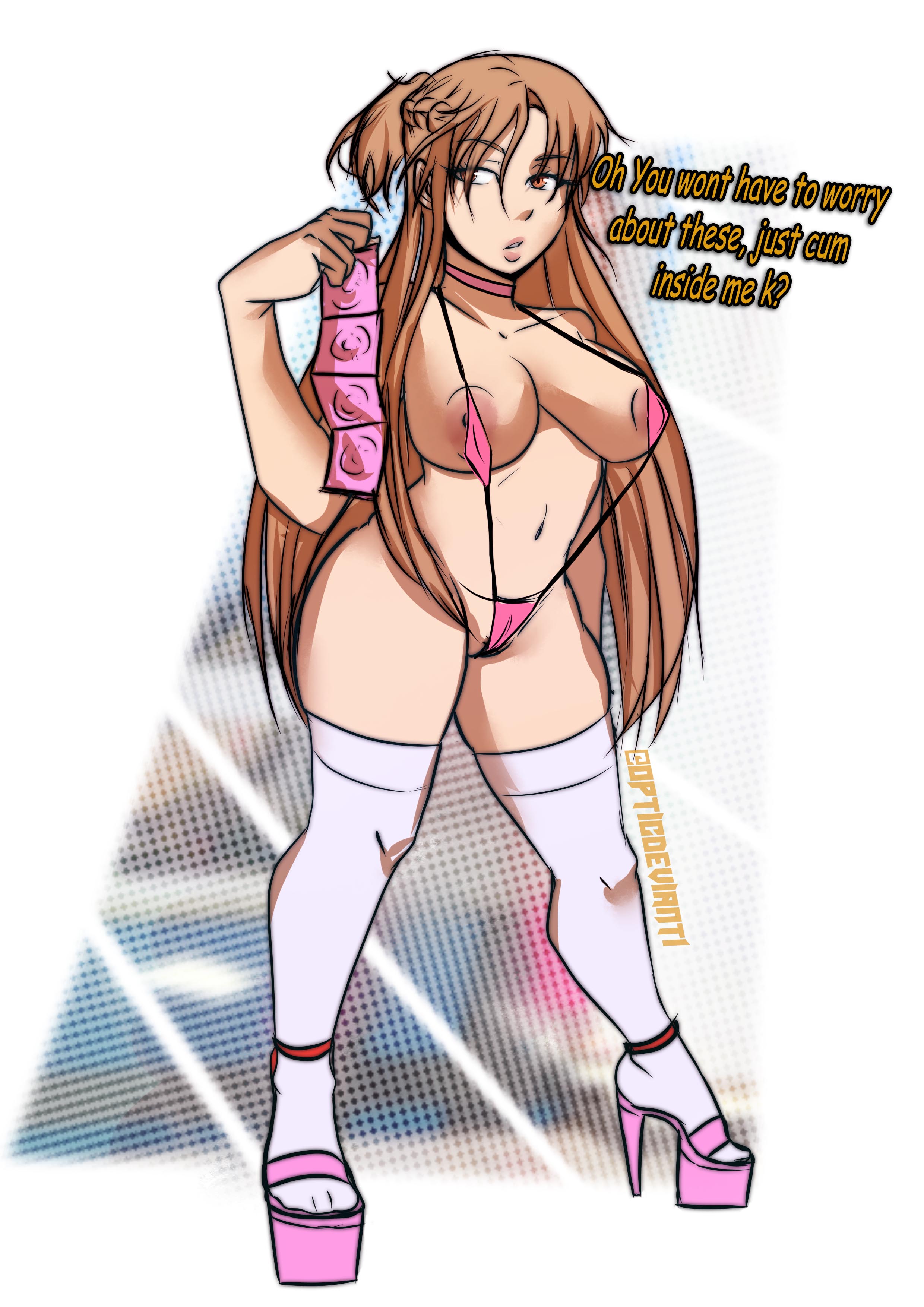1girls, areola slip, areolae, breasts, choker, condom, condom packet strip, female, female only, heels, high heels, implied prostitution, long hair, looking away, micro bikini, nipple slip, nipples, open toe shoes, opticdeviant, orange eyes, platform heels, pointless condom, red hair, skimpy, skimpy bikini, solo, sword art online, text, thighhighs, tied hair, yuuki asuna