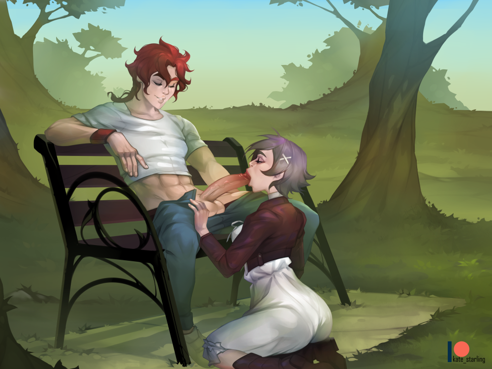 1boy, 1girls, bench, blowjob, clothed, clothed sex, dress, fellatio, female, fully clothed, kate starling, male, open pants, original character, public, red hair, short hair