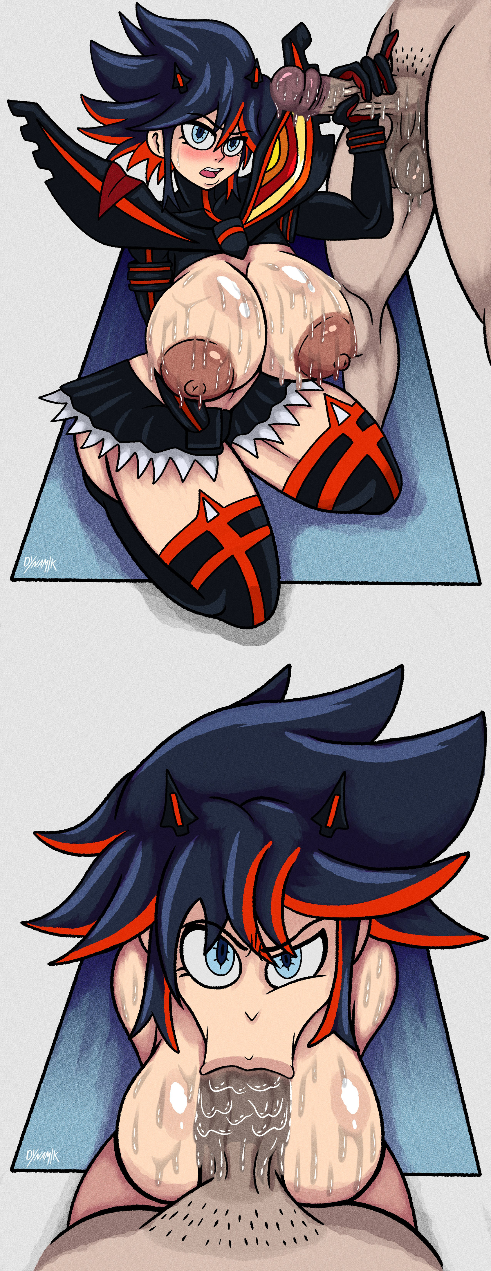 :>=, 1boy, 1girls, angry dragon, big breasts, big penis, blowjob, blowjob face, breasts, busty, comic, dynamik808, edit, fellatio, female, female focus, female protagonist, hourglass figure, huge breasts, kill la kill, male, matoi ryuuko, oral, penis, pubes, pubic hair, senketsu, sweat, tagme, wide hips