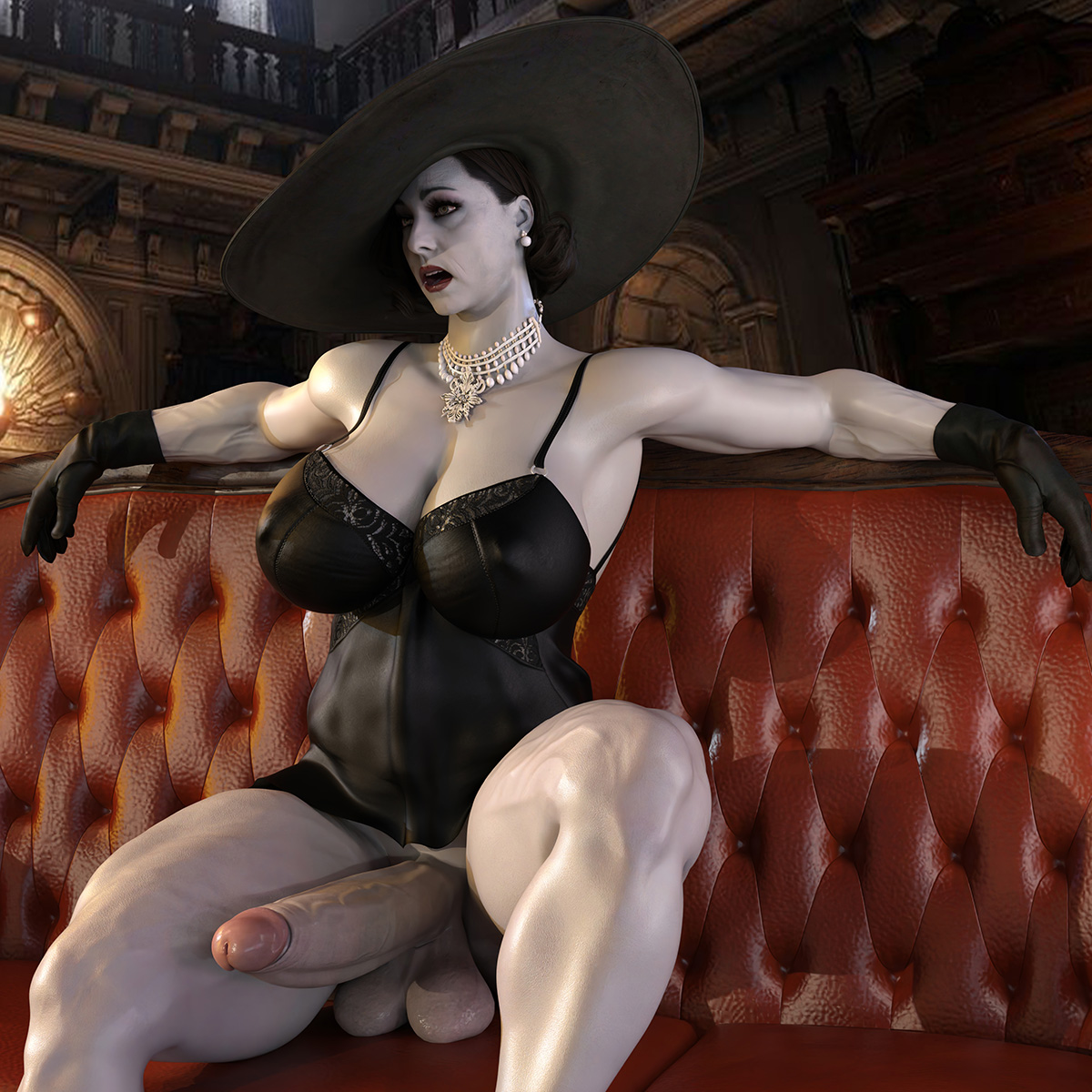1futa, 3d, alcina dimitrescu, balls, balls on floor, balls under clothes, bottomless skirt, breasts, capcom, chubby, chubby futa, cleavage, dark hair, earrings, erection, erection under clothes, erection under skirt, exposed penis, female, futa only, futanari, gloves, hat, huge balls, huge breasts, huge penis, intersex, jewelry, light skin, light-skinned futa, lipstick, mature futa, milf, muscular, muscular futa, necklace, nightgown, nordfantasy, pale skin, pale-skinned futa, penis, penis out, penis under clothes, penis under skirt, pose, resident evil, resident evil 8: village, sagging balls, sitting, skirt, solo, tagme, thick thighs