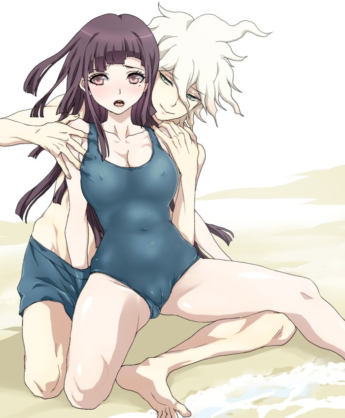 1boy, 1girls, beach, big breasts, bikini, breasts, cleavage, danganronpa, danganronpa 2: goodbye despair, dosugon, female, green eyes, hand under clothes, hetero, legs apart, legs spread, long hair, male, mole under eye, nagito komaeda, nipples, one-piece swimsuit, purple eyes, purple hair, pussy, short hair, smile, straight, straight hair, swimsuit, tsumiki mikan, white hair
