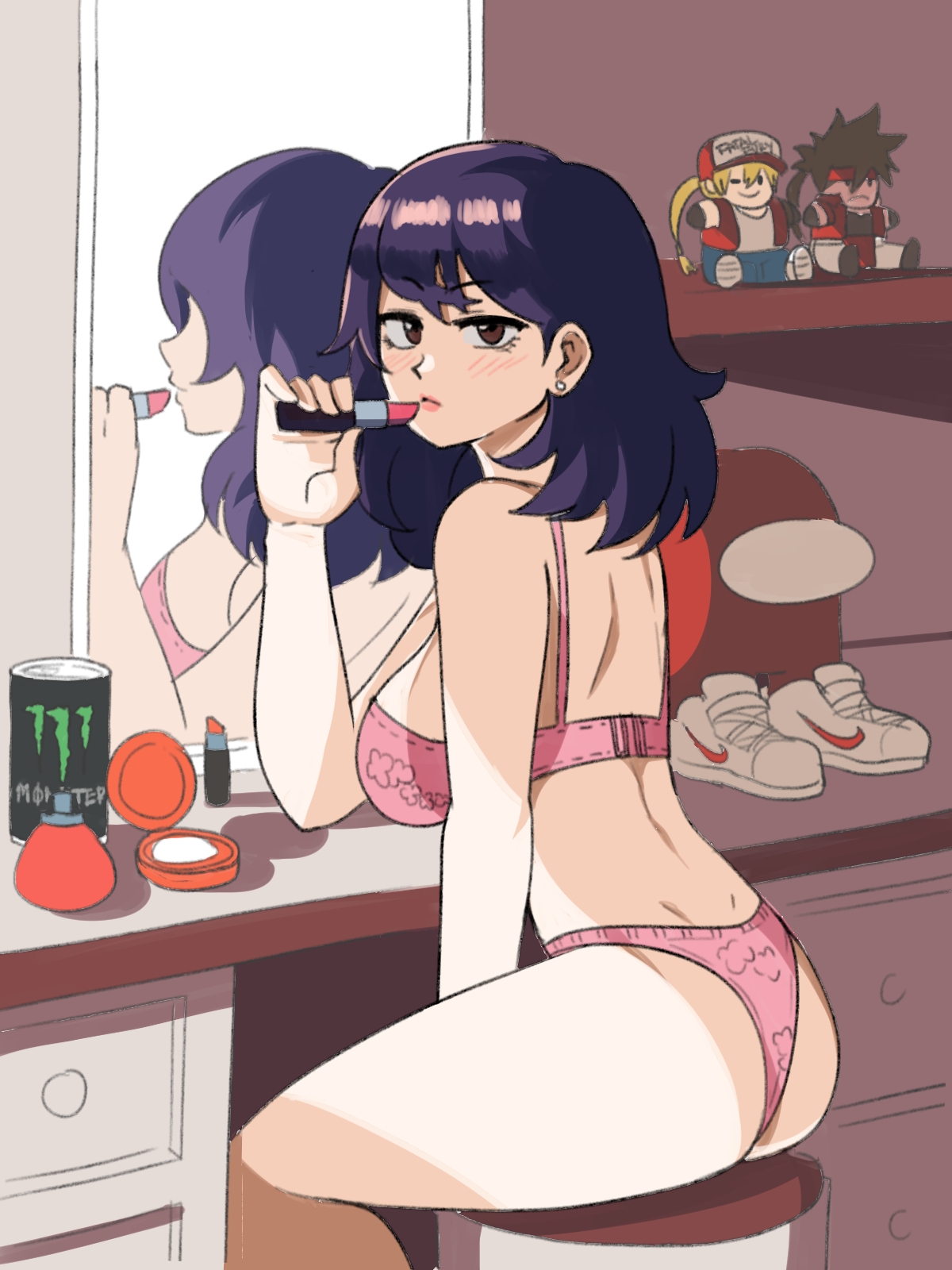 1girls, almost naked, almost nude, among us, applying lipstick, applying makeup, ass, breasts, brown eyes, crewmate (among us), drip shoes, female, lipstick, looking at viewer, meme, mirror, monster energy, monster energy drink, original, plushie, plushies, purple hair, solo, solo female, tina (tinafate1), tinafate1, underwear