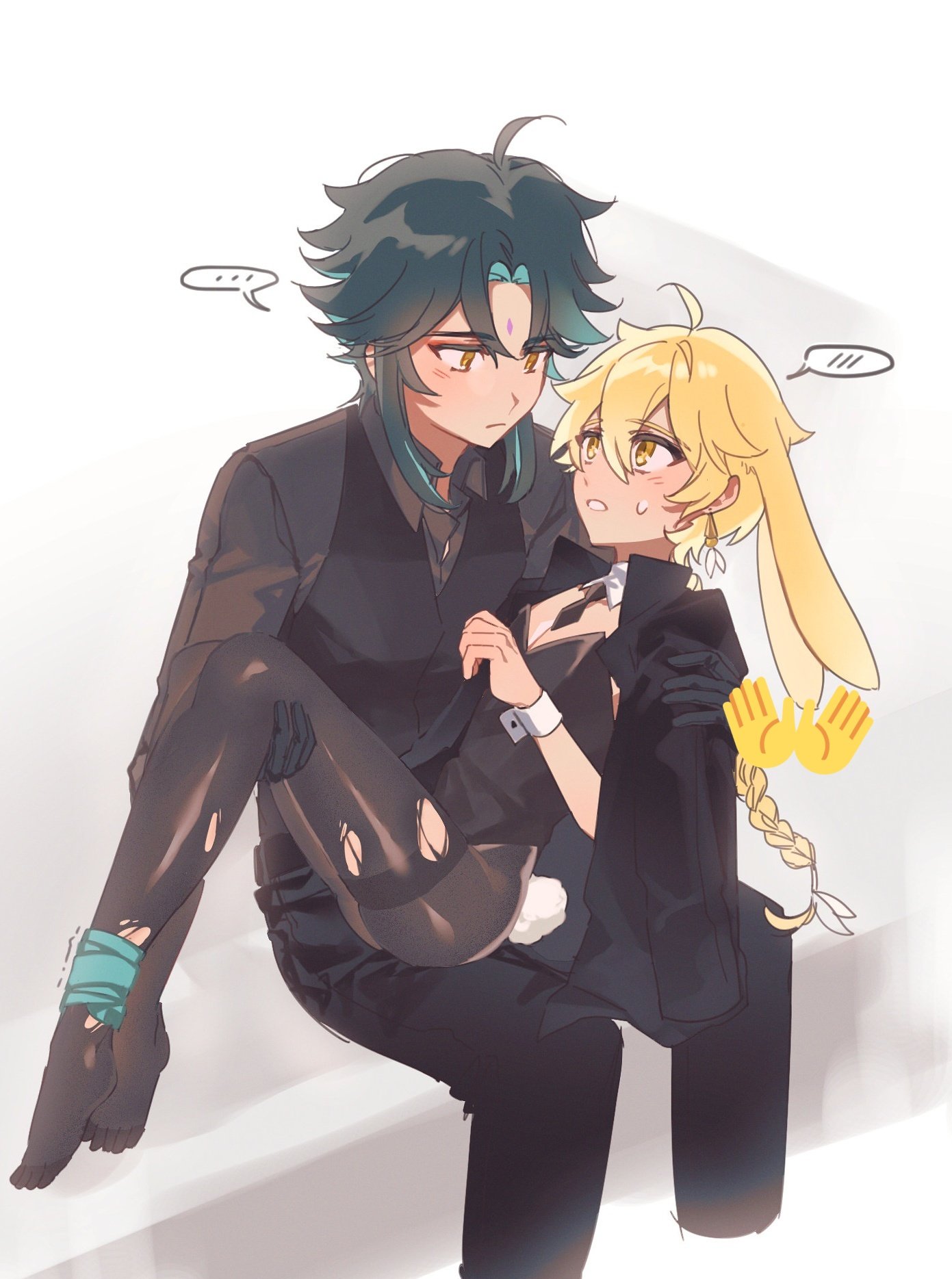 2boys, aether (genshin impact), ahoge, black hair, blonde hair, braided hair, bunny ears, bunny tail, bunnysuit, crossdressing, earring, eye contact, femboy, gay, genshin impact, green highlights, hair ornament, long hair, male, male only, rarur 905, ripped, short hair, stockings, thighs, twink, xiao (genshin impact), yaoi
