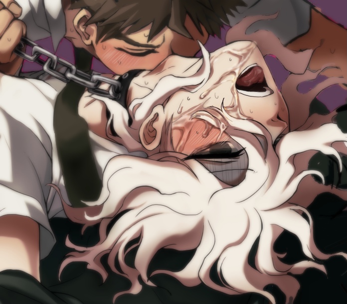 2boys, artist request, blush, brown hair, chains, collar, cum, cum on face, danganronpa, danganronpa 2: goodbye despair, gay, hinata hajime, kissing neck, leash, leash and collar, leash pull, male, male only, male/male, nagito komaeda, neck kiss, on top, open mouth, straight hair, tongue, tongue out, white hair, yaoi