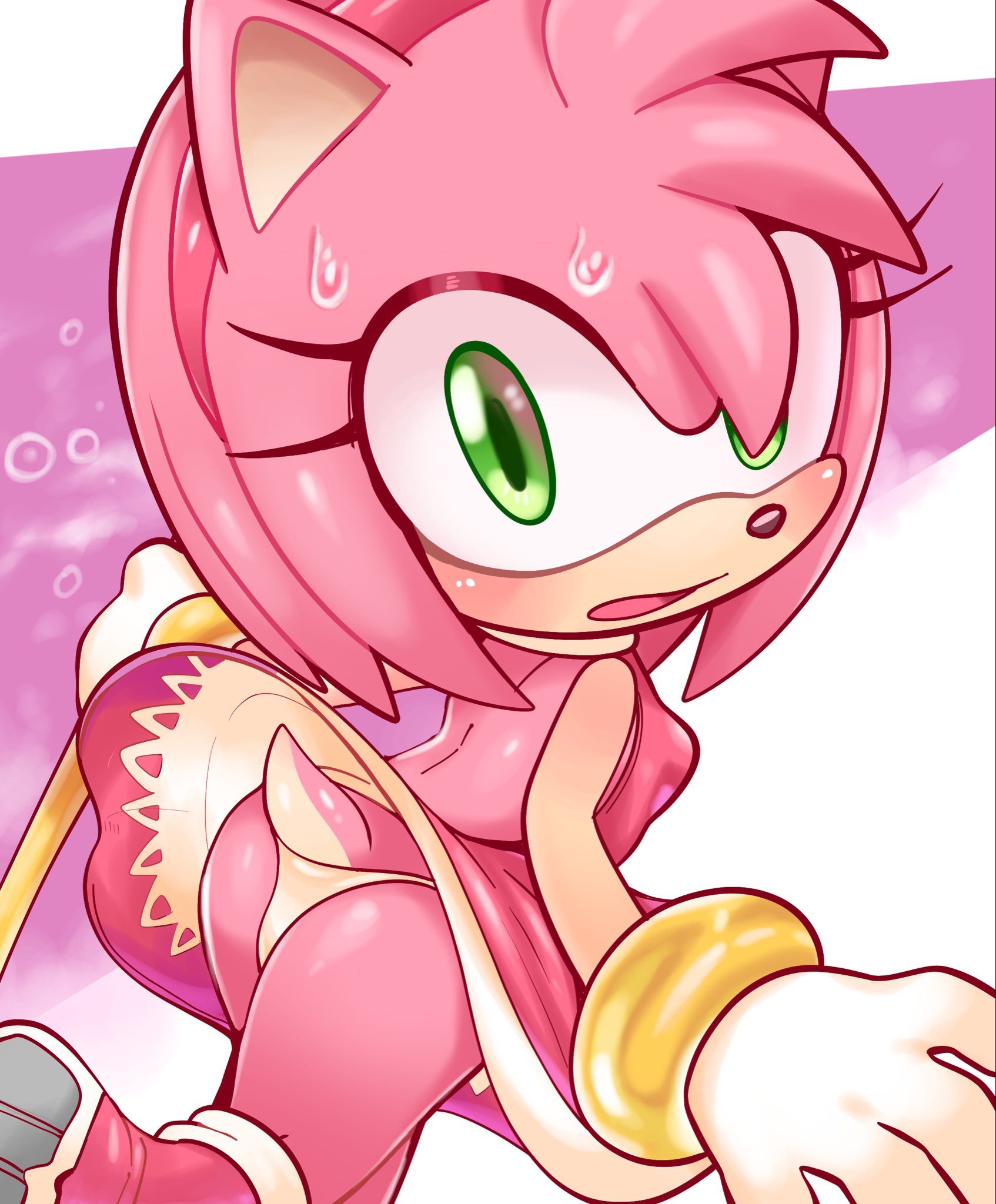 accessory, amy rose, anthro, ass, bodily fluids, boots, clothed, clothing, clothing lift, dress, dress lift, eulipotyphlan, female, footwear, fur, gloves, hair, hair accessory, handwear, hedgehog, hi res, looking at viewer, looking back, mammal, multicolored body, open mouth, panties, panty shot, pink body, pink fur, rear view, sega, solo, sonic (series), sonic the hedgehog (series), standing, sweat, tail, two-tone body, underwear, uyu, video games