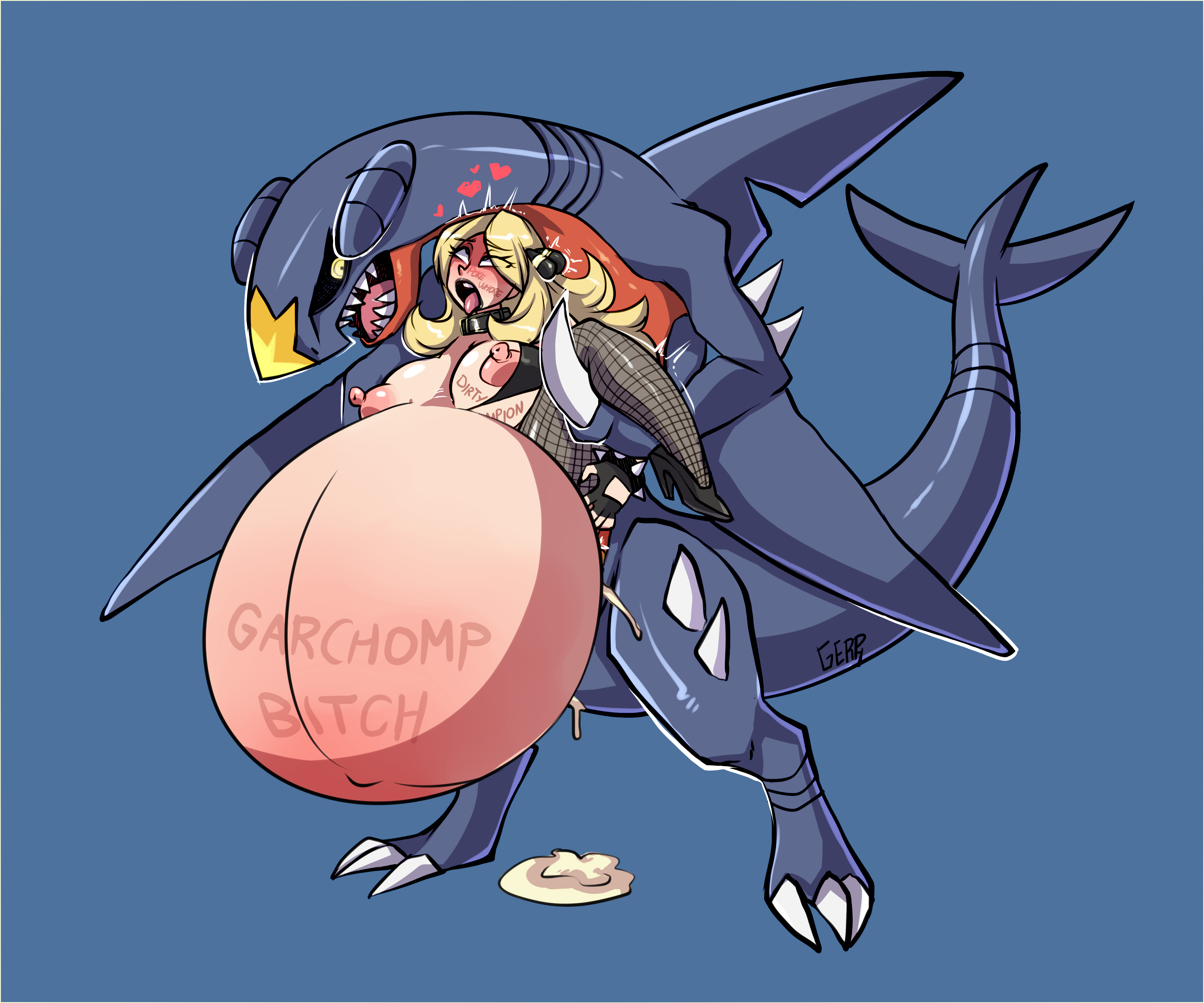 1boy, 1girls, absurd res, ahe gao, alternate breast size, alternate outfit, anal, anal sex, ass, barbed penis, big belly, big breasts, black eyebrows, black gloves, black lipstick, black sclera, blonde hair, blue background, blush, body writing, breasts, claws, cum, cum explosion, cum in ass, cum inside, cynthia (pokemon), erect nipples, erection, excessive cum, fangs, female, feral, feral on female, feral on human, filled belly, fins, gaping anus, garchomp, gerph, gloves, heart, high heels, high resolution, human, hyper penis, impossible insertion, inflation, interspecies, larger male, lipstick, male, micro bikini, monster cock, necklace, nintendo, nipples, penis, pokemon, pokemon (species), pokemon dppt, pokephilia, pussy, size difference, smaller female, stomach bulge, text, thick thighs, thighhighs, tongue, tongue out, very high resolution, wide hips