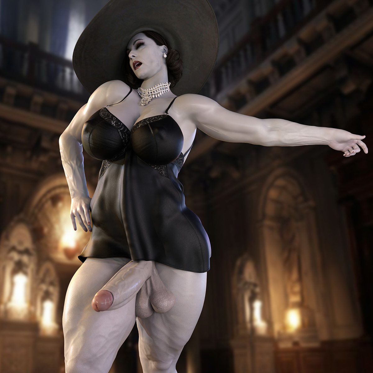1futa, 3d, alcina dimitrescu, balls, balls under clothes, bottomless skirt, breasts, capcom, chubby, chubby futa, dark hair, earrings, erection, erection under clothes, erection under skirt, exposed penis, female, futa only, futanari, hat, huge balls, huge breasts, huge penis, intersex, jewelry, lipstick, mature futa, milf, muscular, muscular futa, necklace, nightgown, nordfantasy, pale skin, pale-skinned futa, penis, penis out, penis under clothes, penis under skirt, pose, resident evil, resident evil 8: village, sagging balls, skirt, solo, tagme, thick thighs, wide hips