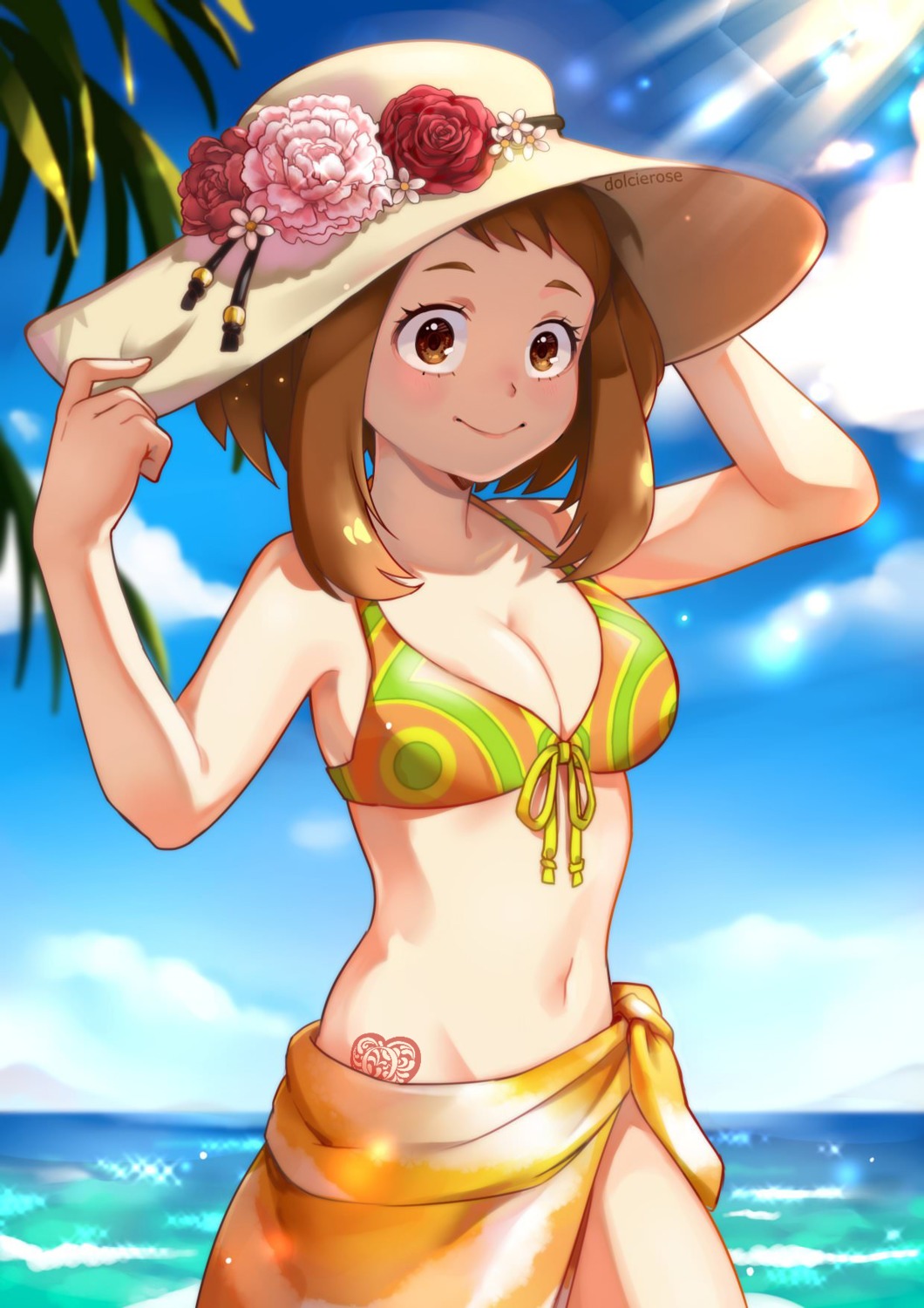 1girls, bangs, bare arms, bare legs, bare midriff, bare shoulders, beach, belly, belly button, bikini, blush, breasts, brown bikini, brown eyes, brown hair, brown-haired female, female, flower, front-tie bikini, green bikini, hat, light skin, light-skinned female, midriff, multicolored, multicolored bikini, my hero academia, navel, ocean, ochako uraraka, ribbon, short hair, solo, stomach, sun, swimsuit, swimwear, tree, water