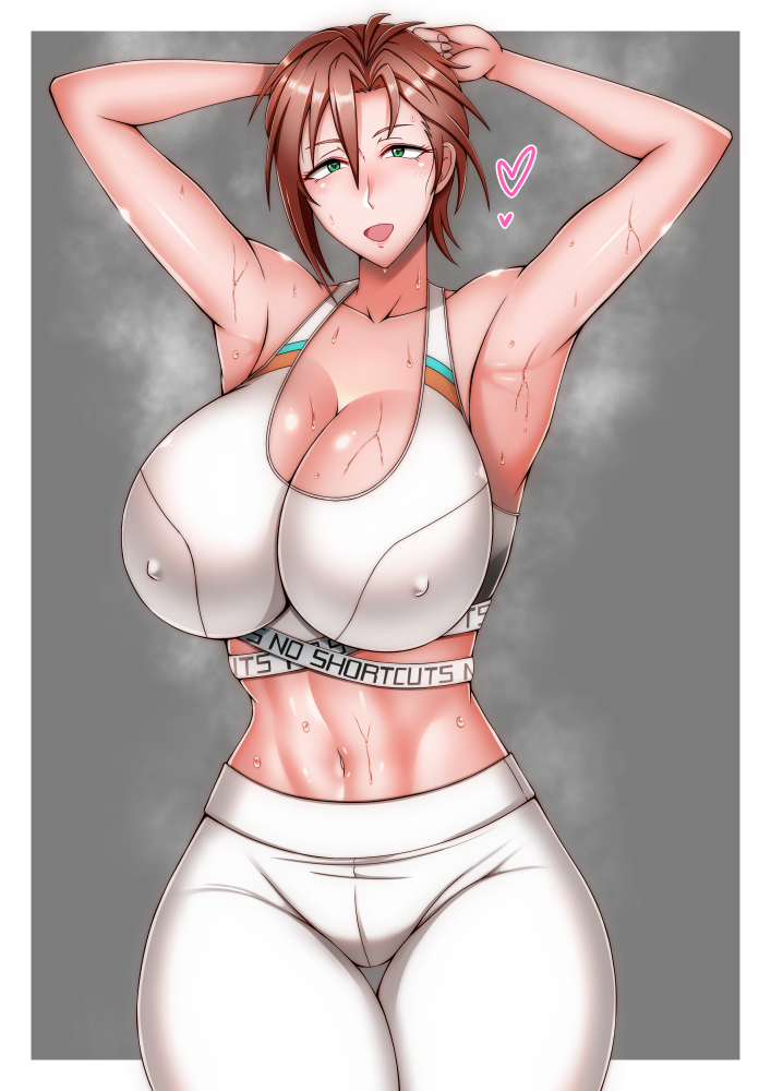 after_exercise after_workout armpits brown_hair covered_in_sweat curvaceous curvy exposed_midriff green_eyes hands_behind_head hands_on_head heart huge_breasts idolmaster idolmaster_cinderella_girls impossible_clothes kiba_manami mature_female midriff milf nipple_bulge nipples_visible_through_clothing open_mouth plump puni2brain pussy_outline sexually_suggestive short_hair sports_bra steam steaming_body steamy suggestive sweat sweating sweatpants sweaty sweaty_body thick_thighs thigh_gap tight_clothing tight_fit voluptuous white_bra white_pants white_sports_bra workout_clothes yoga_pants