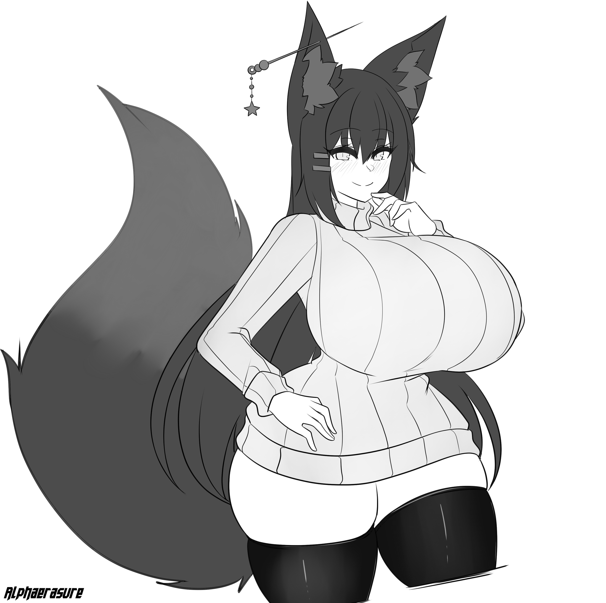1girls, 2021, alphaerasure, big breasts, blush, breasts, female, fox ears, fox girl, fox tail, huge breasts, kiri (sub-res), looking at viewer, smile, solo, solo female, sweater, tagme, thick, thick thighs, thighhighs