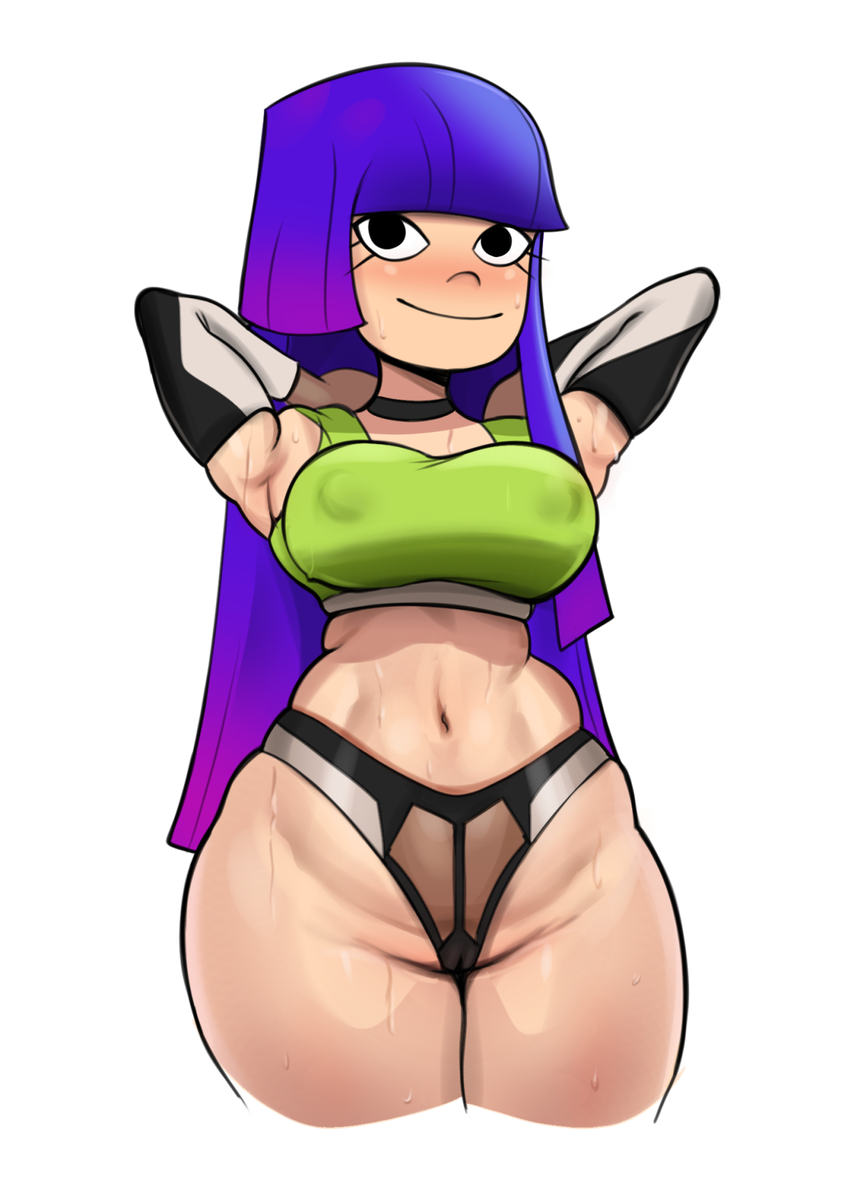 1girls, armpits, arms behind head, big breasts, breasts, busty, cameltoe, child bearing hips, female, female only, glitch techs, hourglass figure, large breasts, long hair, looking at viewer, miko kubota, navel, netflix, nickelodeon, pose, posing, purple hair, pussy, smile, sports bra, sweat, sweaty, sweaty armpits, tagme, thong, wide hips